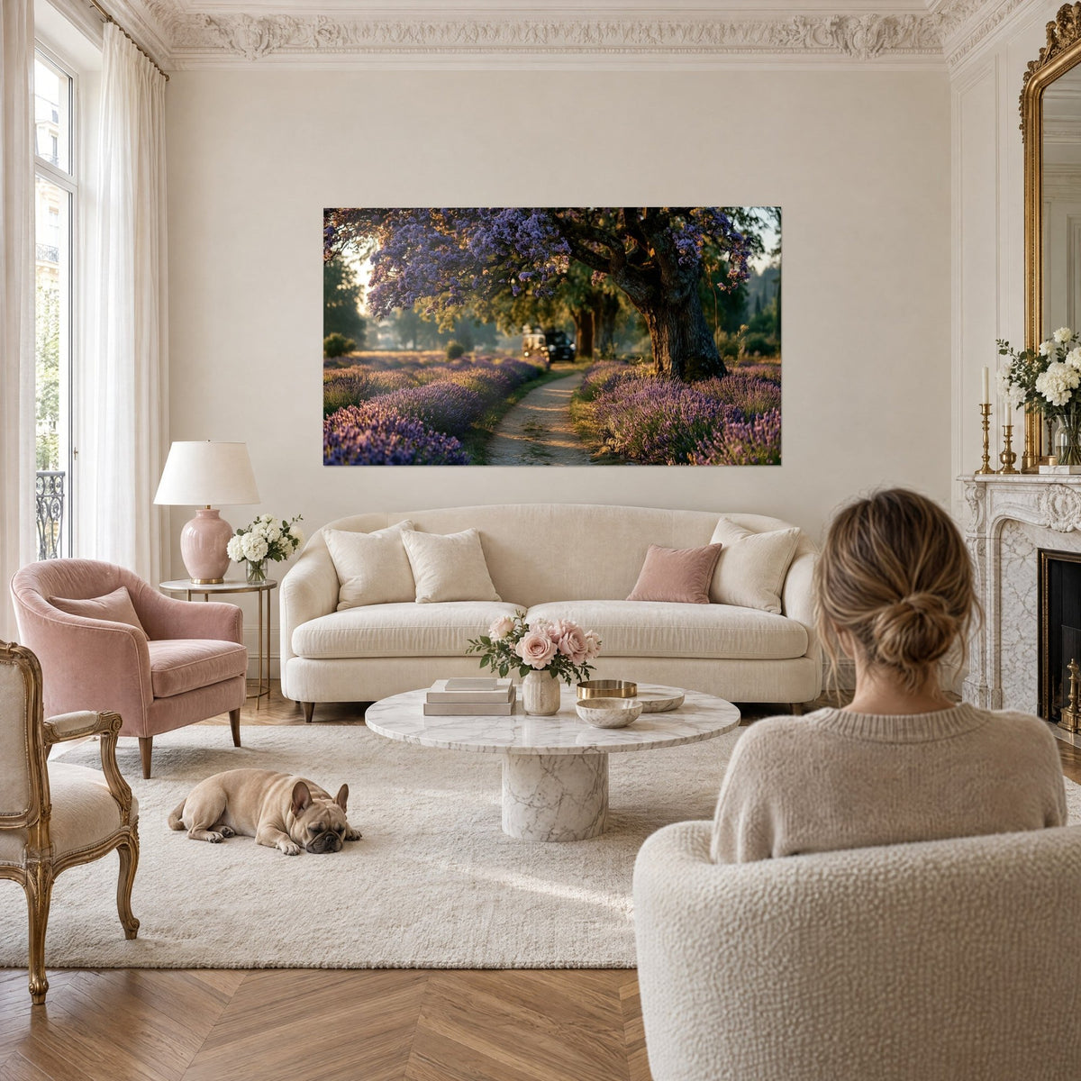 Tableau chemin de lavande sous un chêne aux grappes violettes, reflets dorés, au-dessus d'un canapé dans un salon lumineux