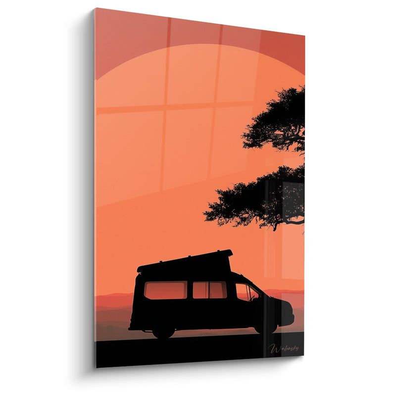 Tableau Van noir sous pin parasol orange - Toit relevé au repos - Edition Camping car et van life
