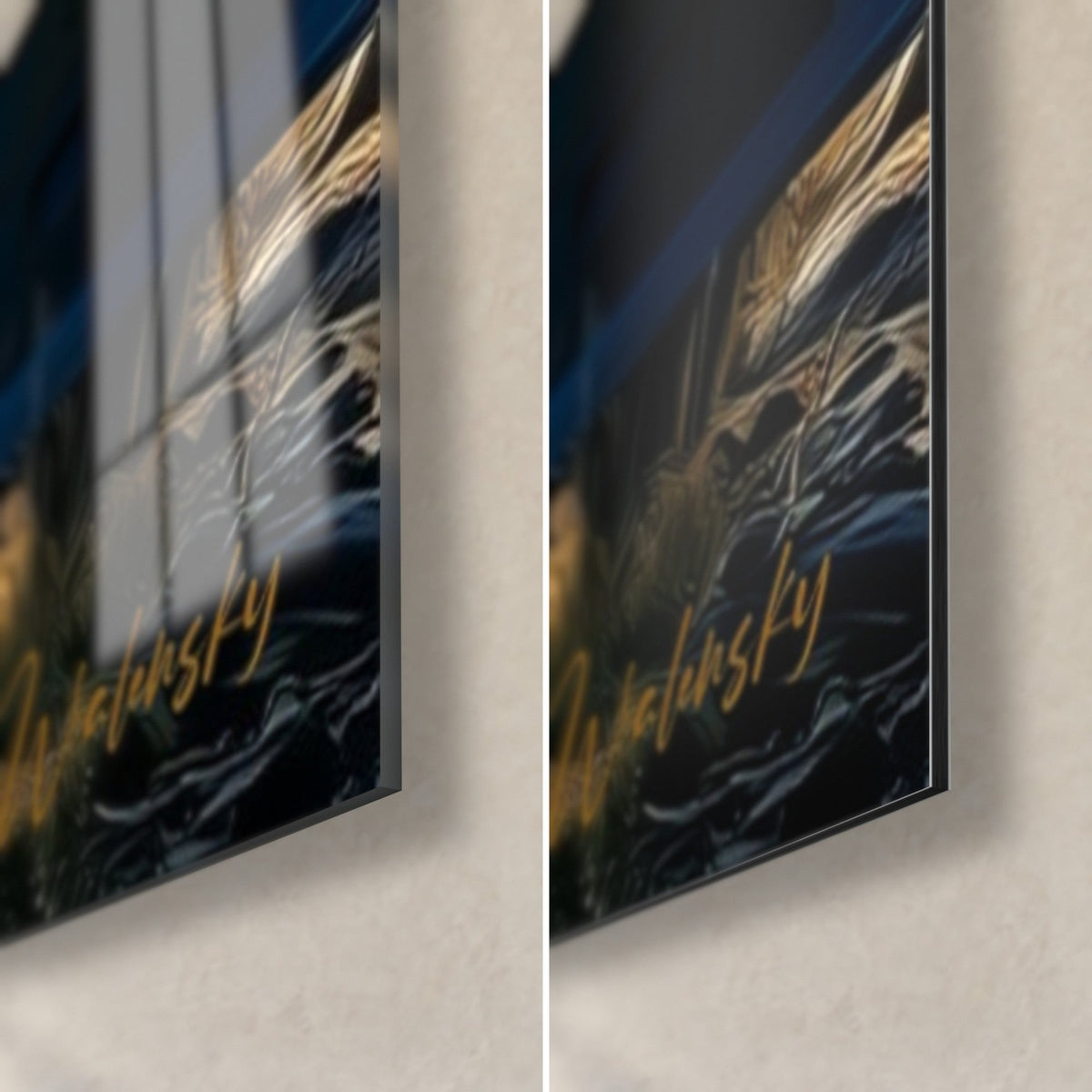 Quadro di un van parcheggiato nel sottobosco, angolo in basso a destra lucido su vetro acrilico, bordo da 3 mm, Dibond opaco blu notte e oro