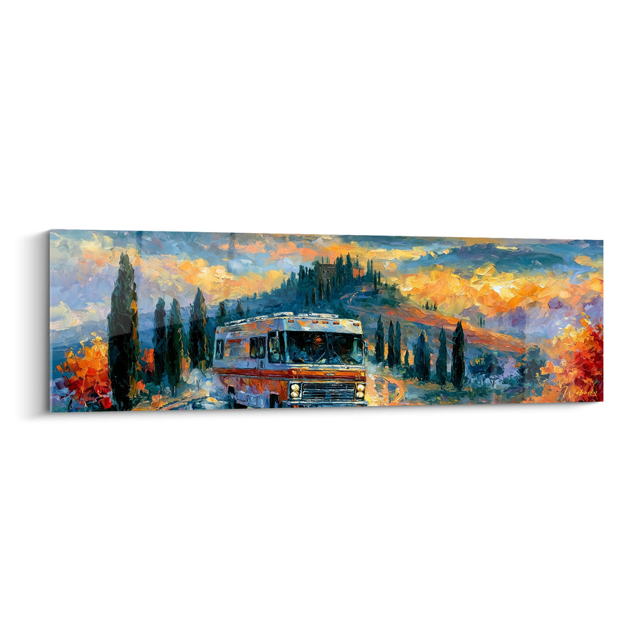 Tableau Camping-car blanc et orange parmi les cyprès - Colline toscane embrasée - Edition Camping car et van life