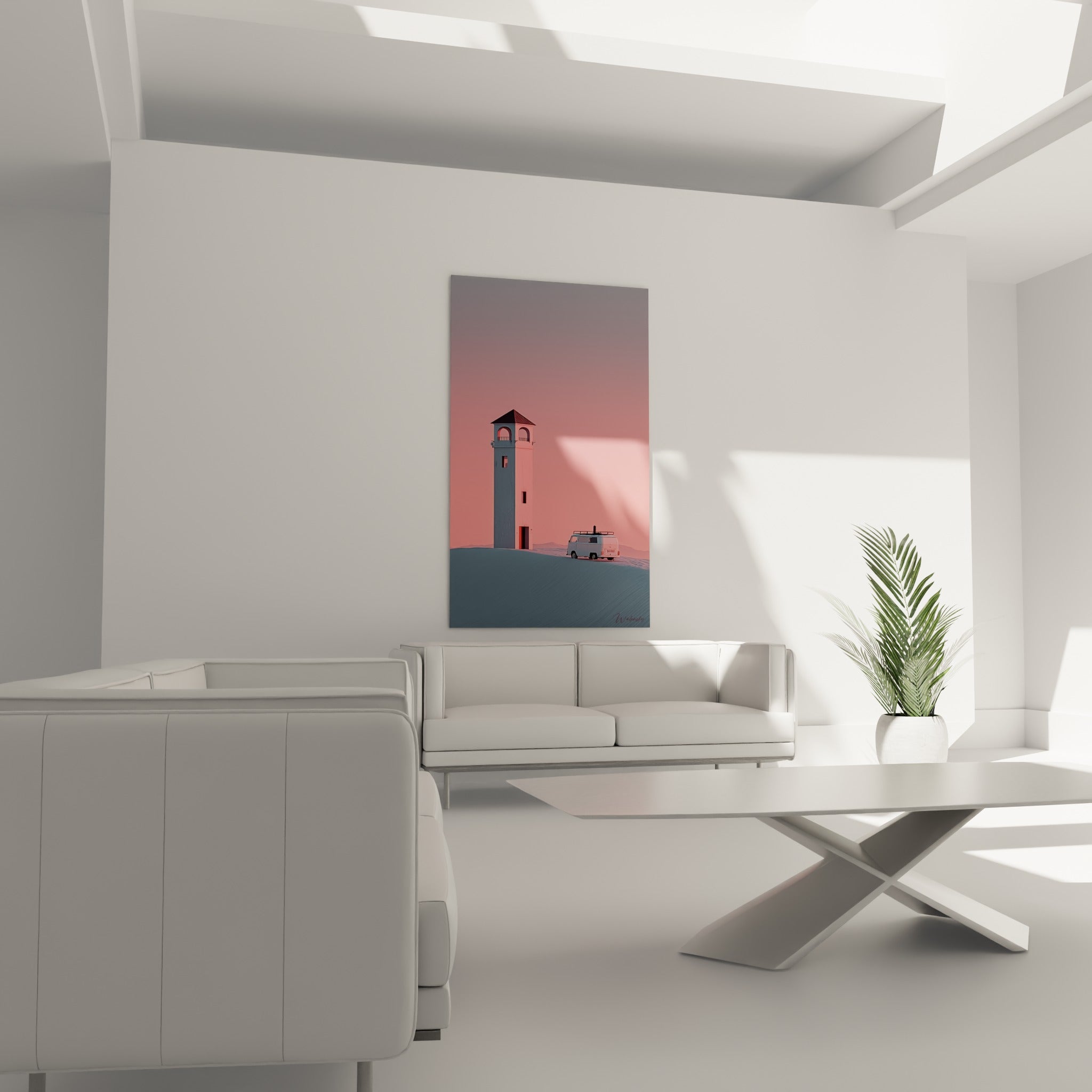 Tableau désert rose et gris avec tour solitaire et fourgon, au-dessus d'un canapé dans un salon lumineux
