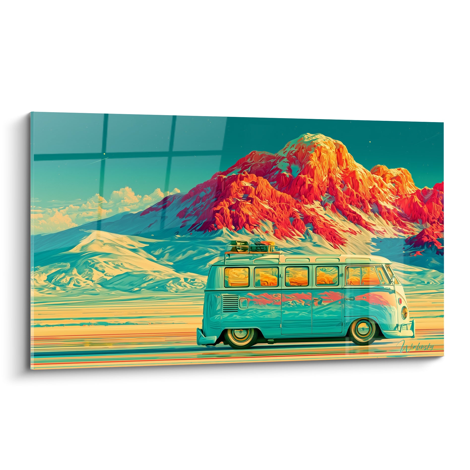 Van turquoise et montagne corail éclatante composent ce tableau camping car et van life vibrant