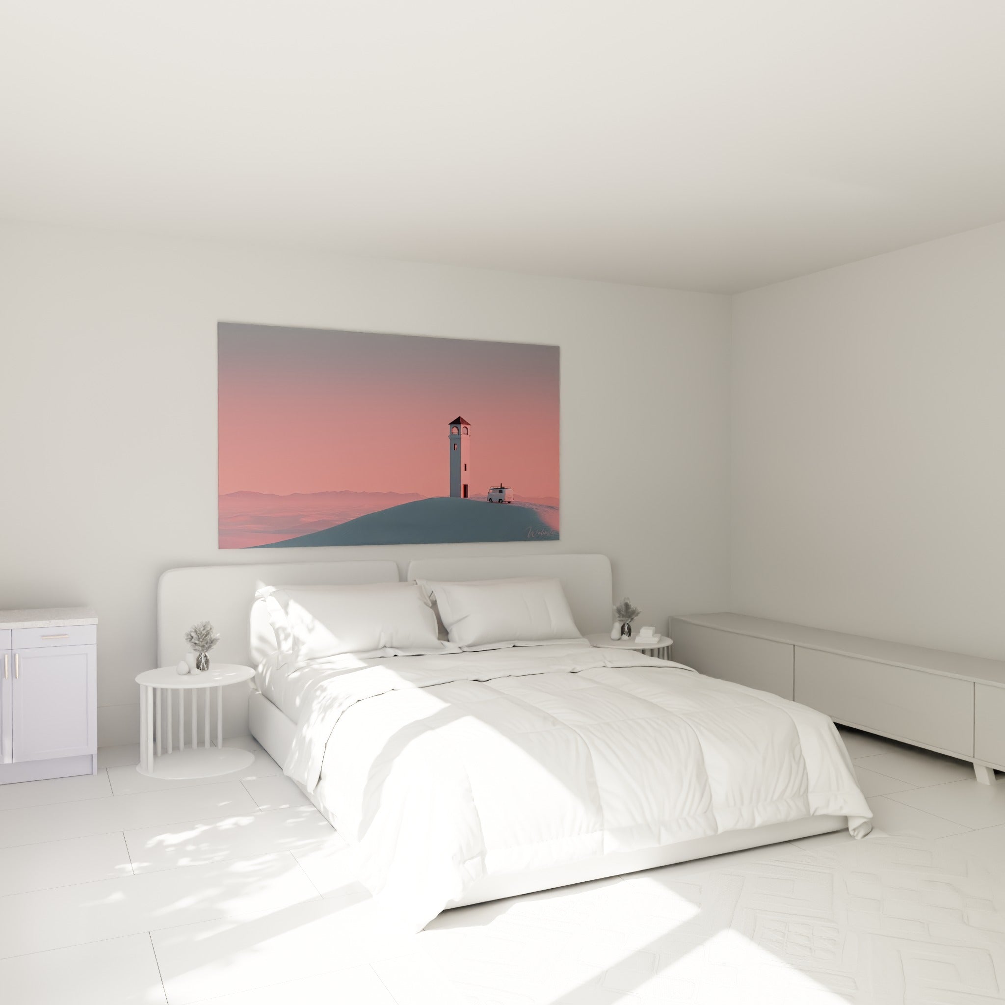 Van blanc garé près d'une tour rose et grise, accroché au-dessus d'un lit dans une chambre claire