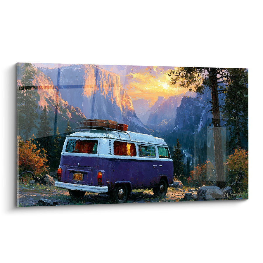 Tableau Combi violet et blanc vallée montagneuse - Escale au crépuscule - Edition Camping car et van life
