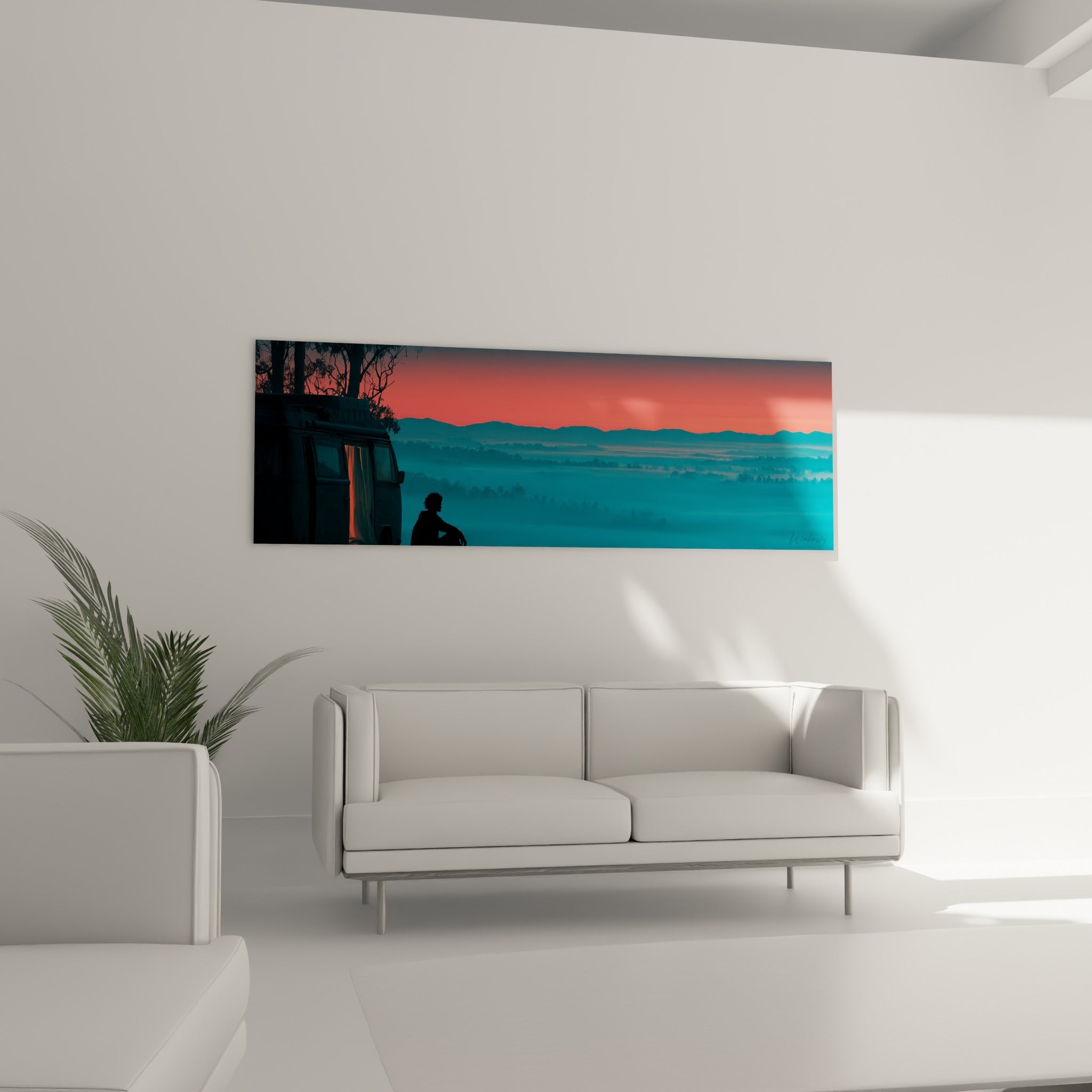 Scène de van life aux teintes rose et bleu marine, au-dessus d'un canapé dans un salon lumineux