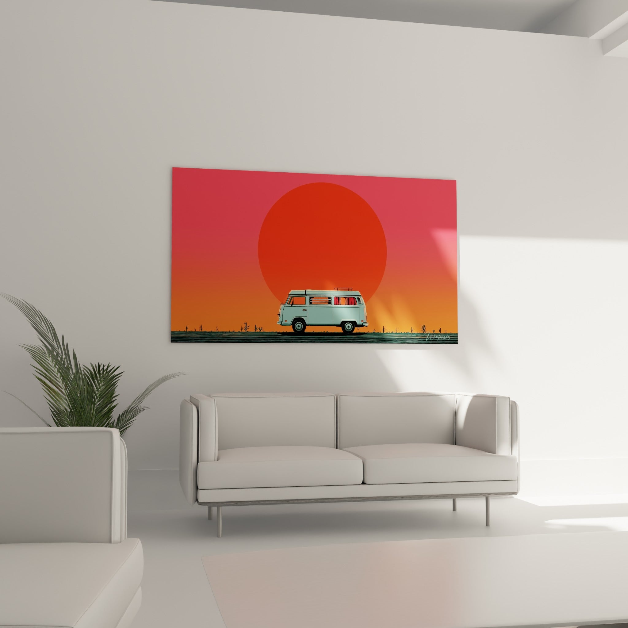 Van bleu clair et rideaux rouges devant un dégradé orange et rose, accroché au-dessus d'un canapé dans un salon lumineux