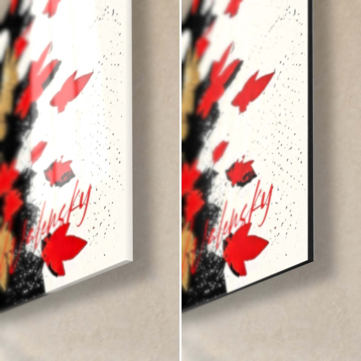Quadro canale autunnale in linoleografia, foglie rosso vivo e nero profondo, angolo in basso a destra in vetro lucido e Dibond opaco