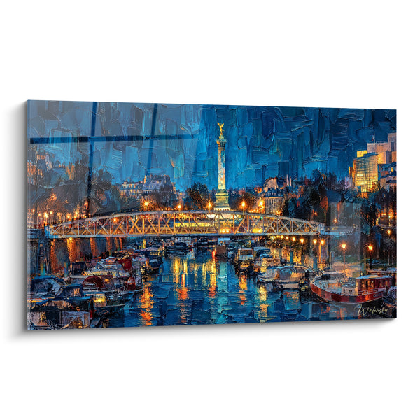 Schilderij Metalen brug nachtblauw en gouden lichtjes - Wachtend over het water - Editie Canal Saint-Martin Île-de-France