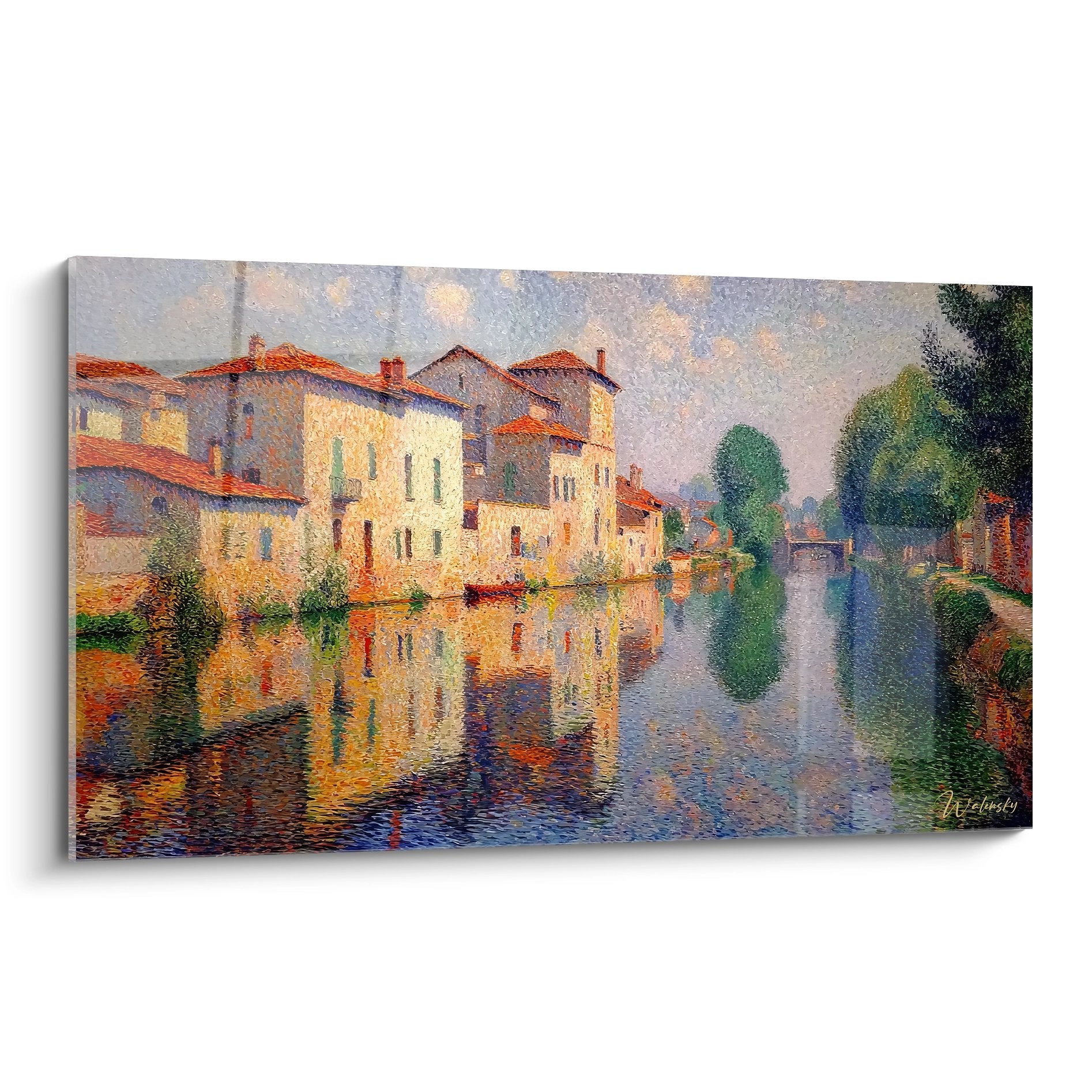 Tableau mural canal vénitien aux reflets dorés, paysage impressionniste maisons italiennes coucher soleil