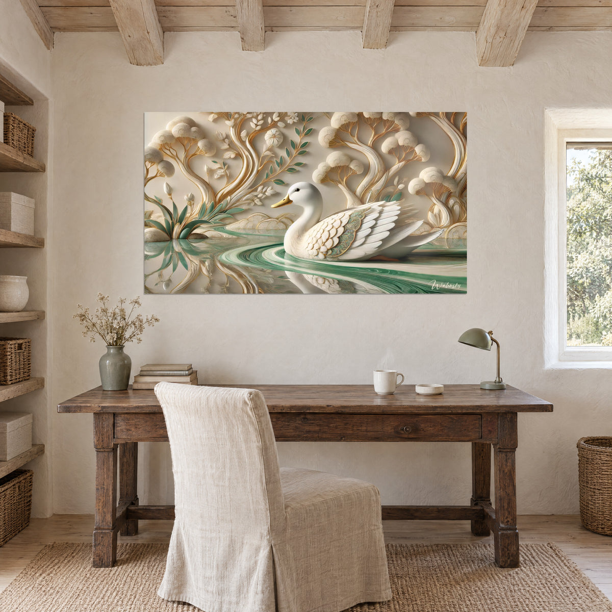 Schilderij majestueuze vogel met ivoren vleugels versierd met groen, weerspiegelingen in jadegroen water, boven een bureau van ruw hout
