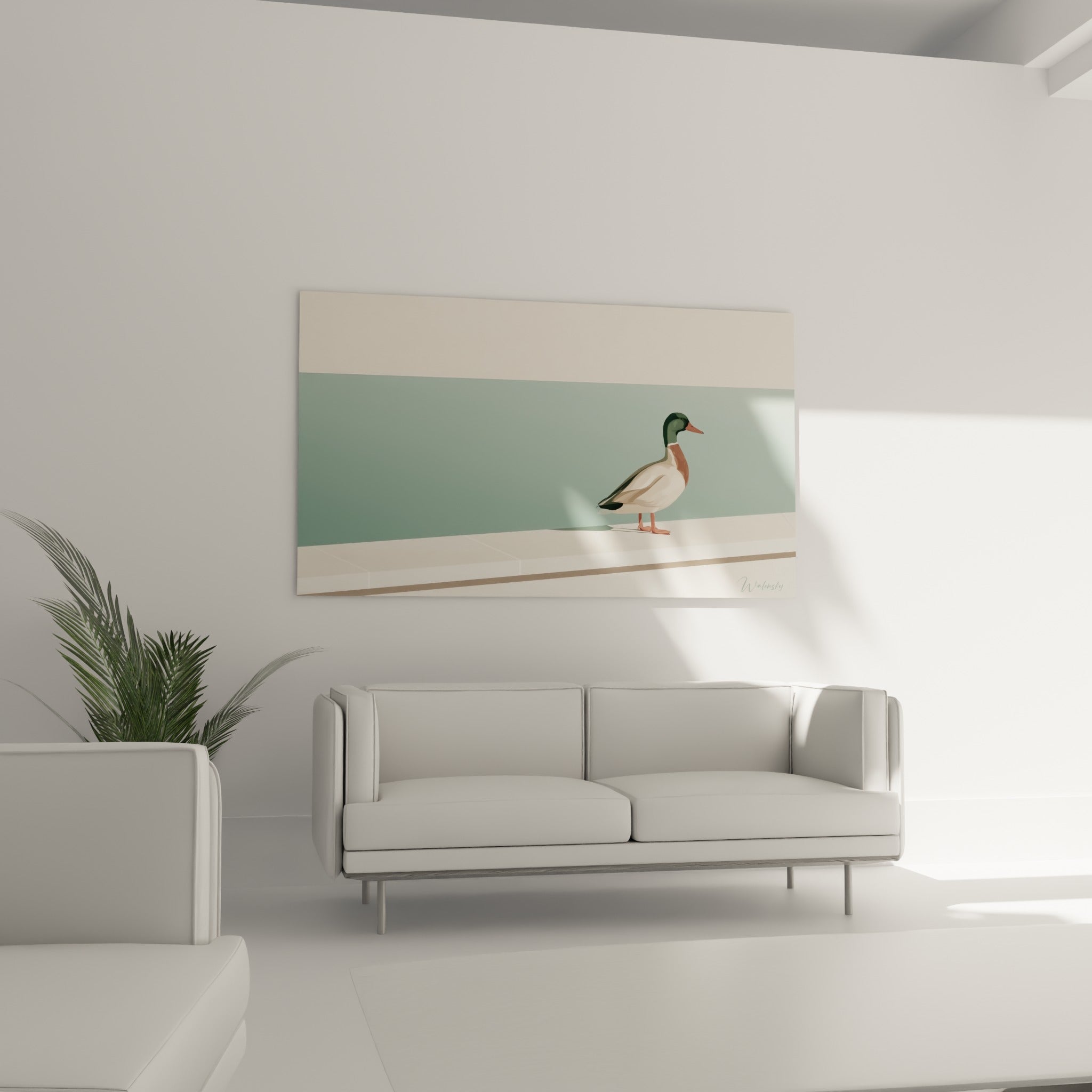 Colvert stylisé aux couleurs anthracite et blanc cassé au-dessus d'un canapé dans un salon lumineux