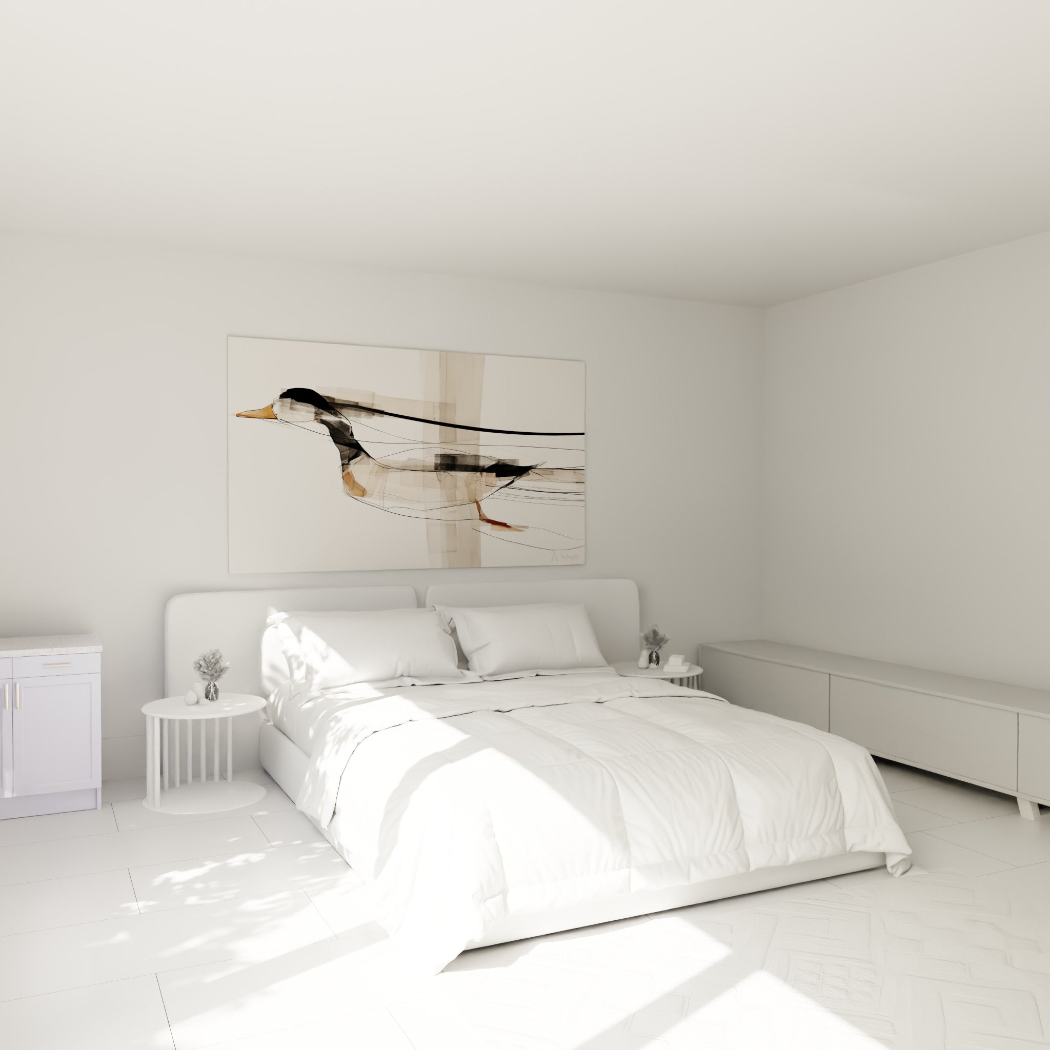 Canard graphique anthracite et roux accroché au-dessus d'un lit dans une chambre claire