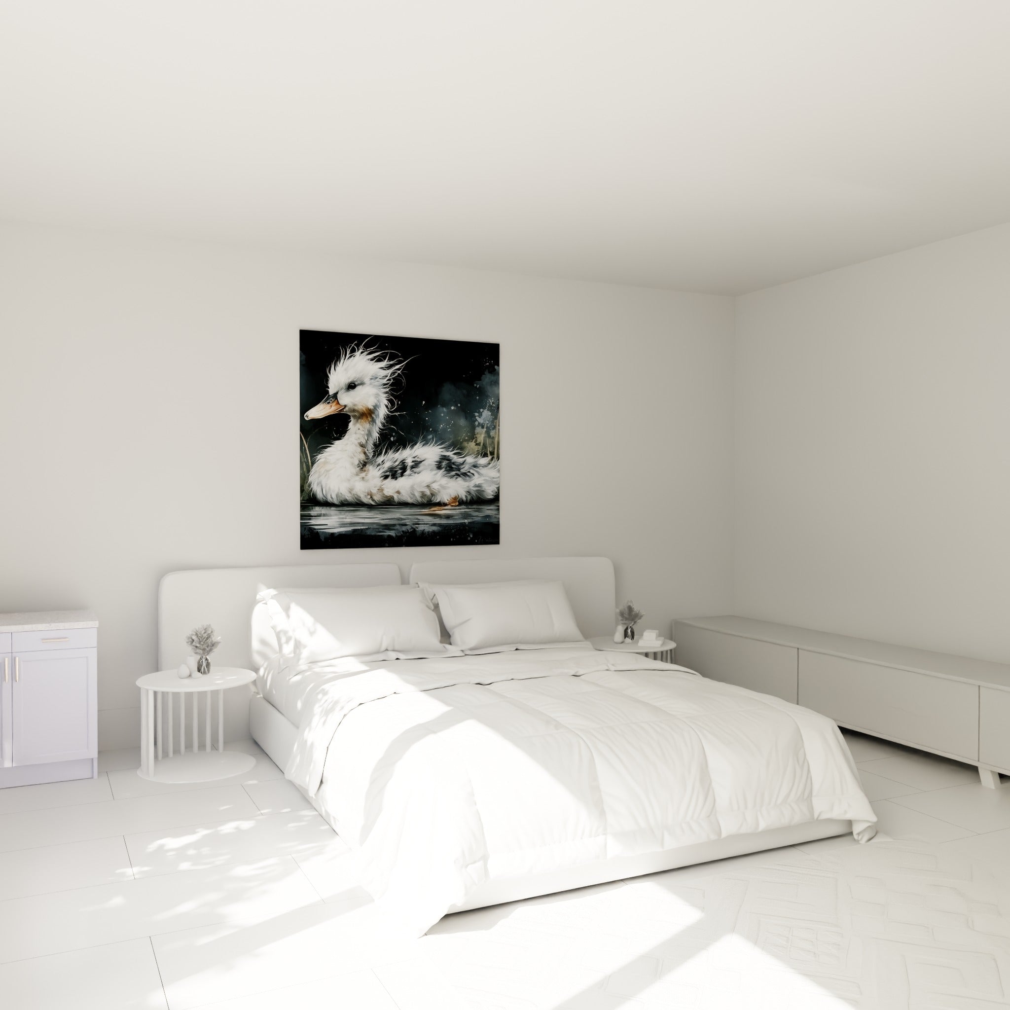 Jeune canard blanc et anthracite peint au-dessus d'un lit dans une chambre claire
