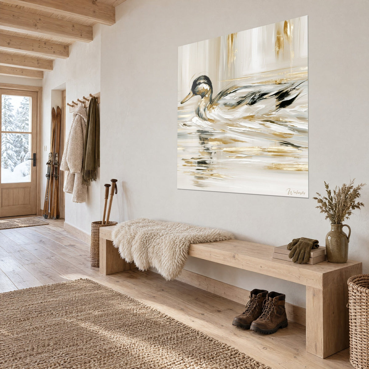 Tableau canard à la tête sombre et au bec doré, reflets crème sur l'onde, accroché au-dessus d'un banc en bois d'un chalet