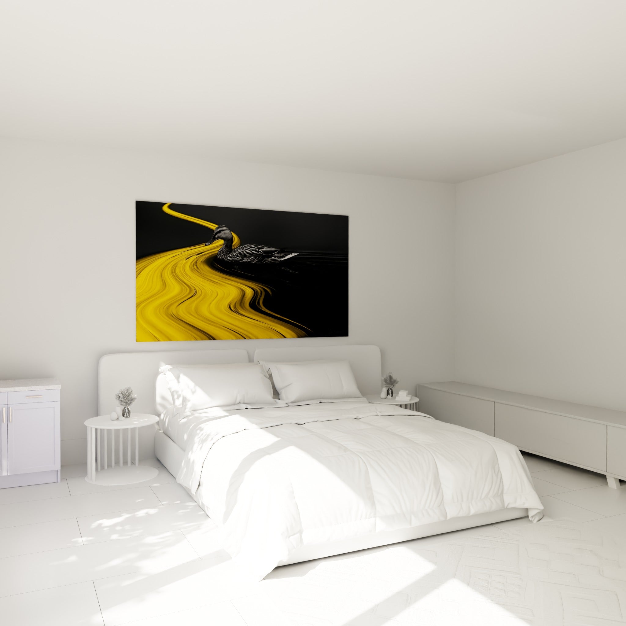 Canard noir et vagues dorées ondulantes disposés au-dessus d'un lit dans une chambre claire et épurée
