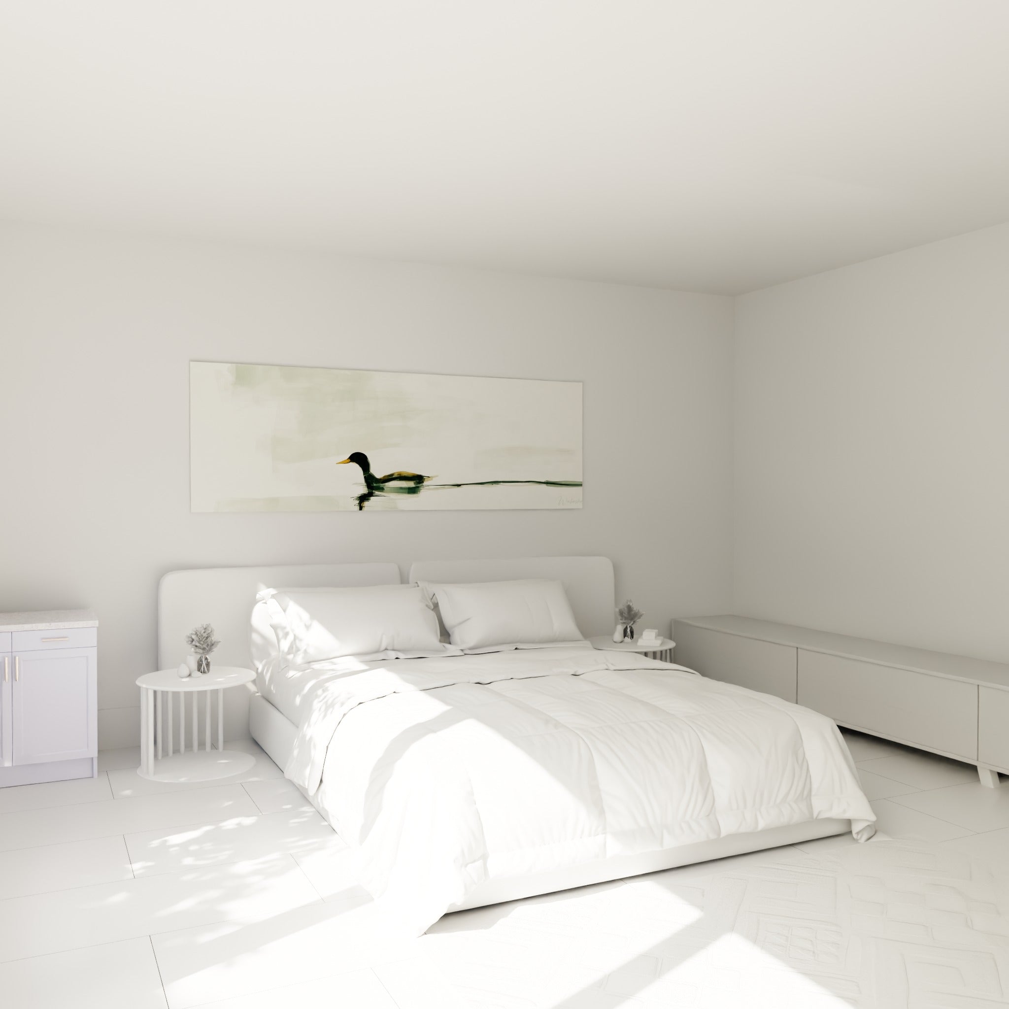 Oiseau aquatique anthracite et ocre nageant, tableau accroché au-dessus d'un lit dans une chambre claire