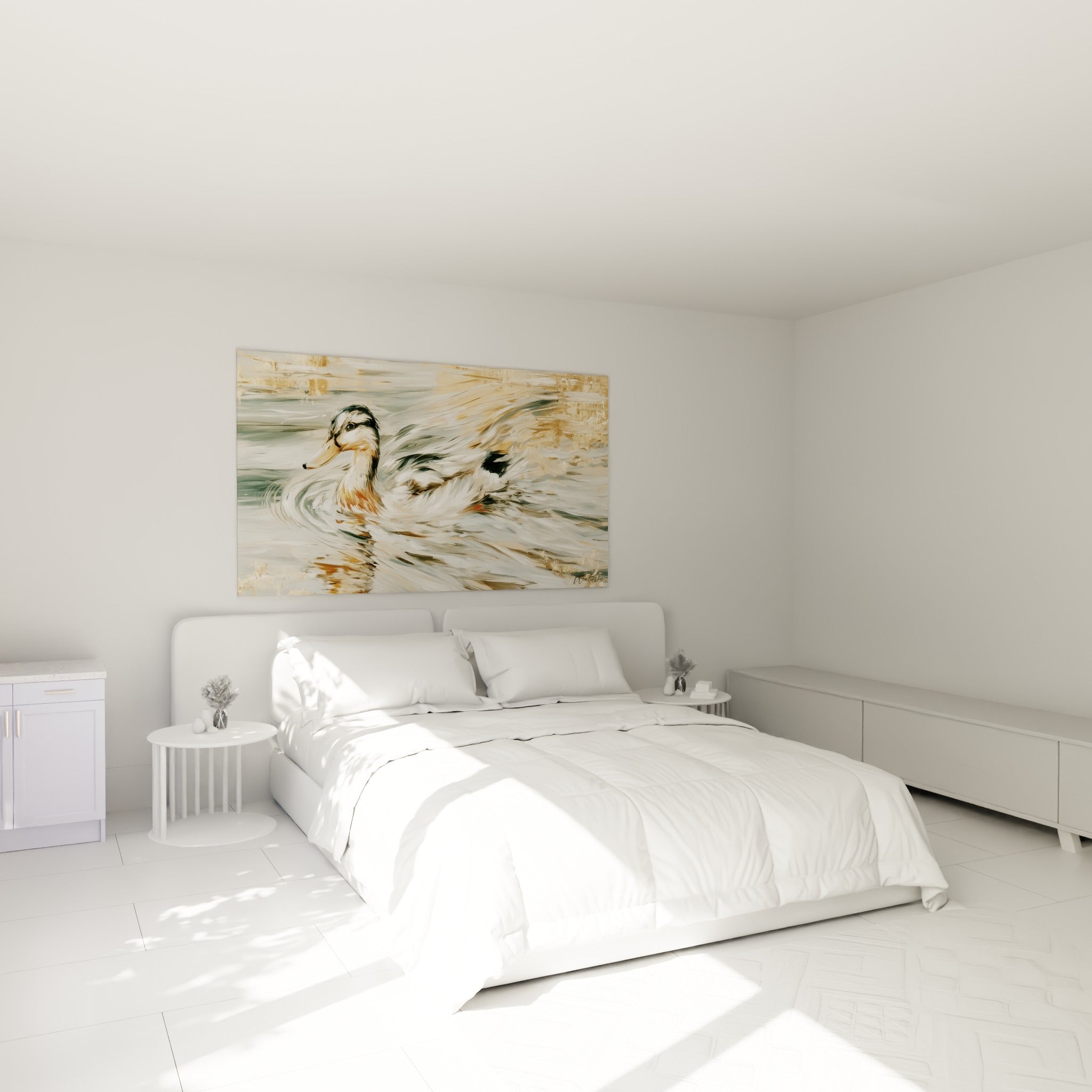 Nage paisible d'un canard doré et blanc au-dessus d'un lit dans une chambre claire