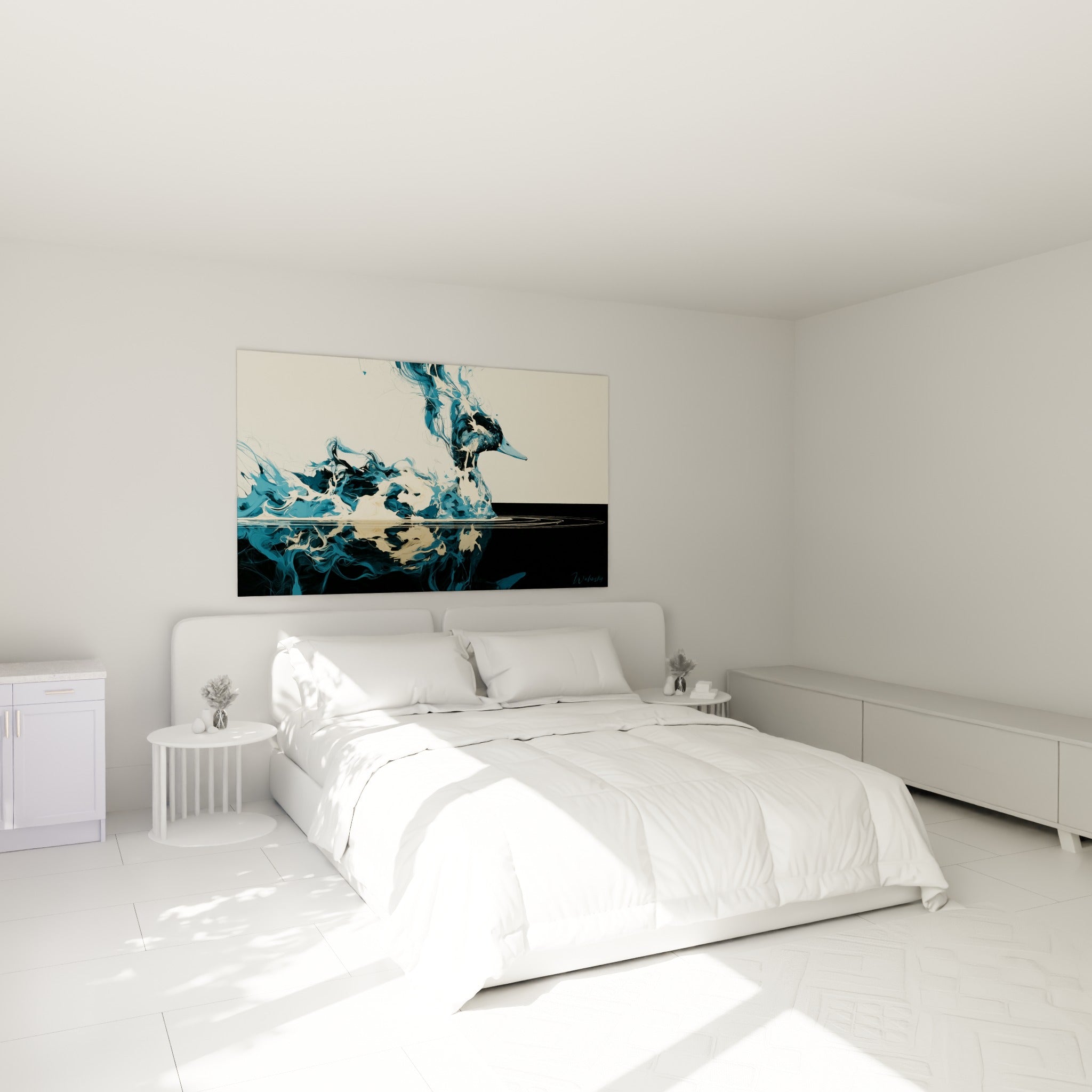 Volutes bleu marine formant un canard, accrochées au-dessus d'un lit dans une chambre claire