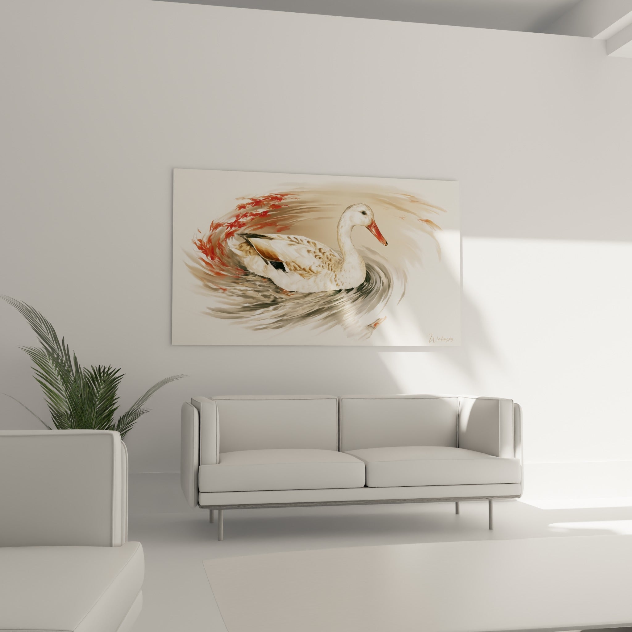 Canard blanc et corail entouré de remous gris, disposé au-dessus d'un canapé dans un salon lumineux
