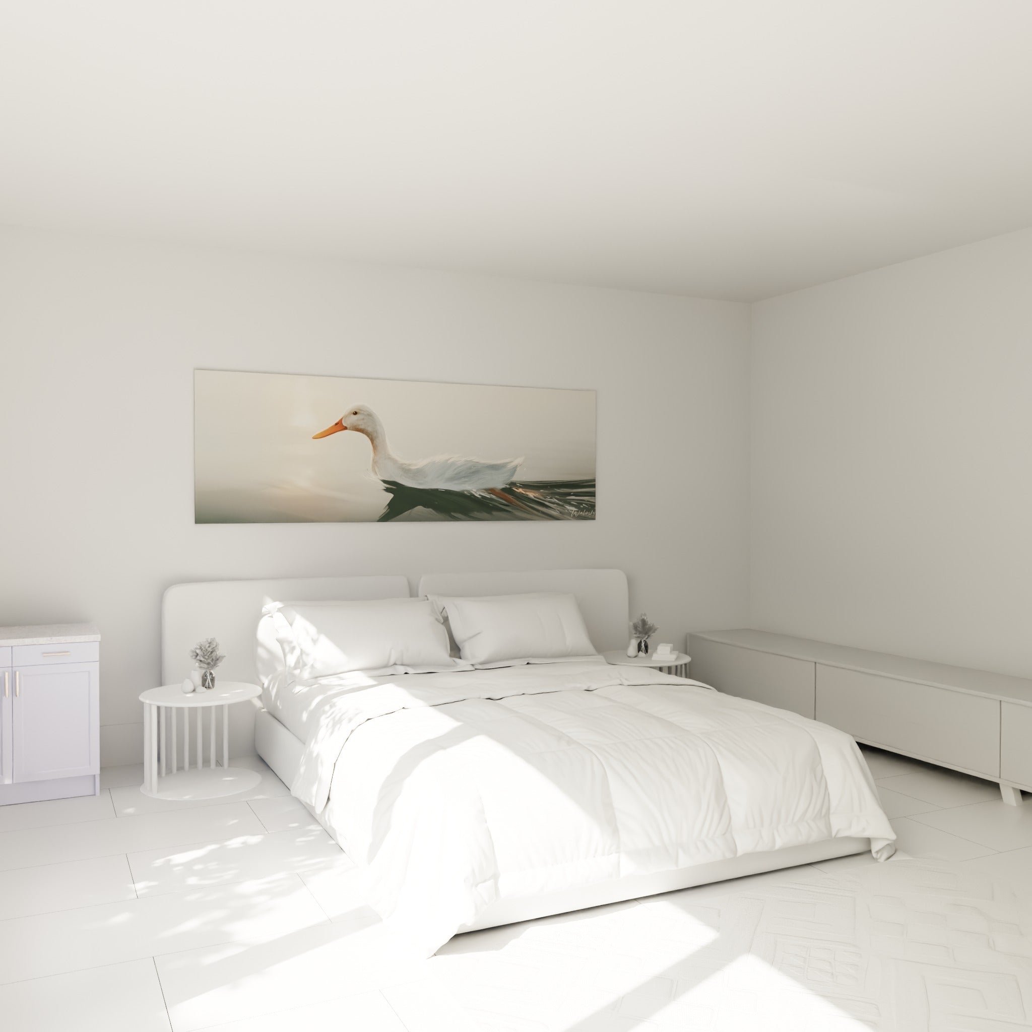 Canard blanc au bec orangé nageant dans une brume dorée, au-dessus d'un lit dans une chambre claire