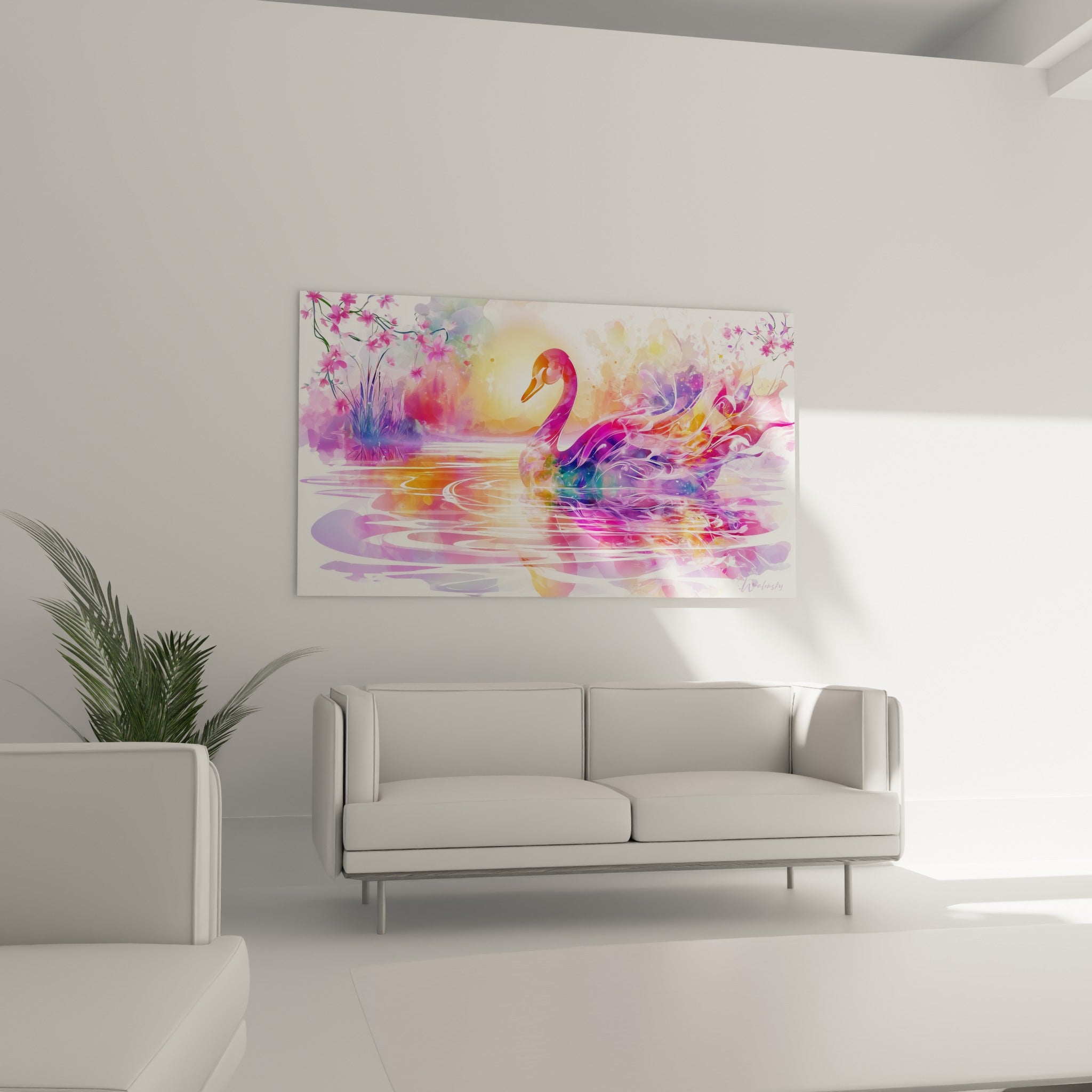 Reflets dorés et roses d'un cygne aquarelle, disposés au-dessus d'un canapé dans un salon lumineux