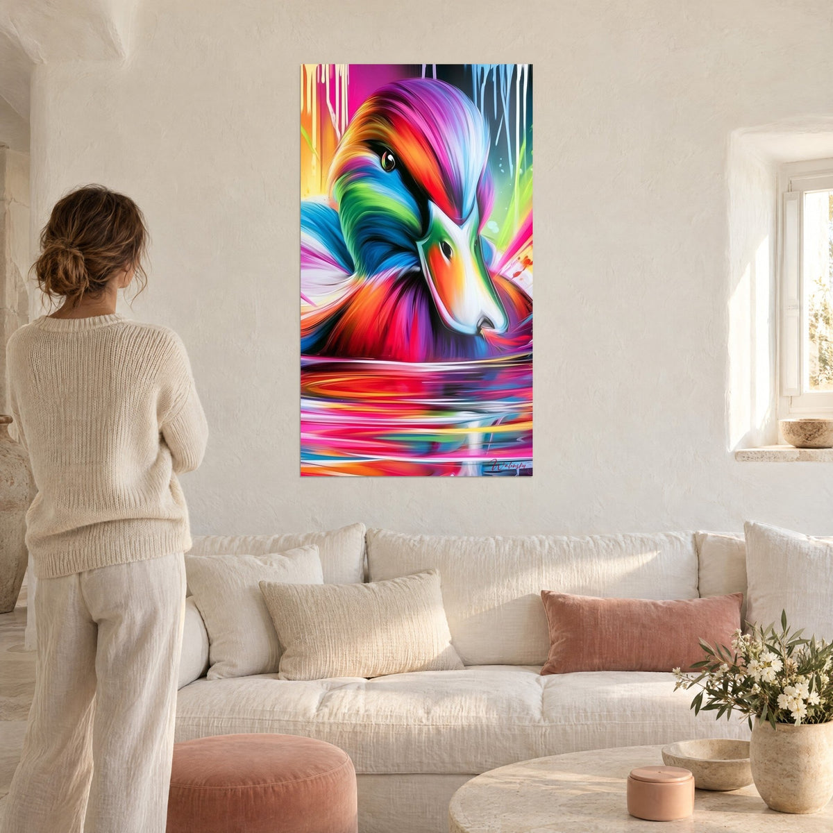 Tableau canard aux plumes arc-en-ciel, bleu et orange, reflétant l'eau rose, au-dessus d'un canapé dans un salon lumineux