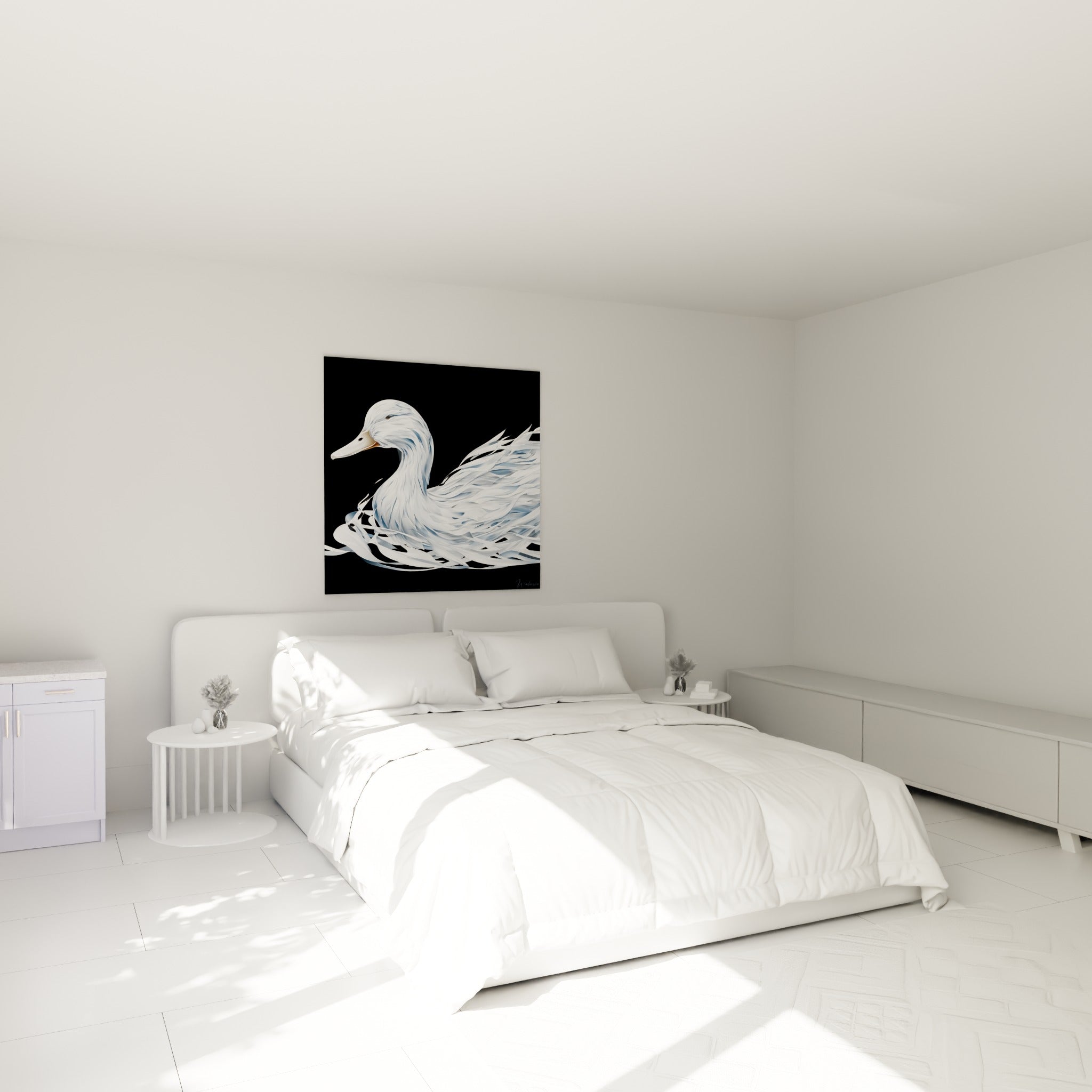 Silhouette de canard blanc et gris bleuté flottant au-dessus d'un lit dans une chambre claire