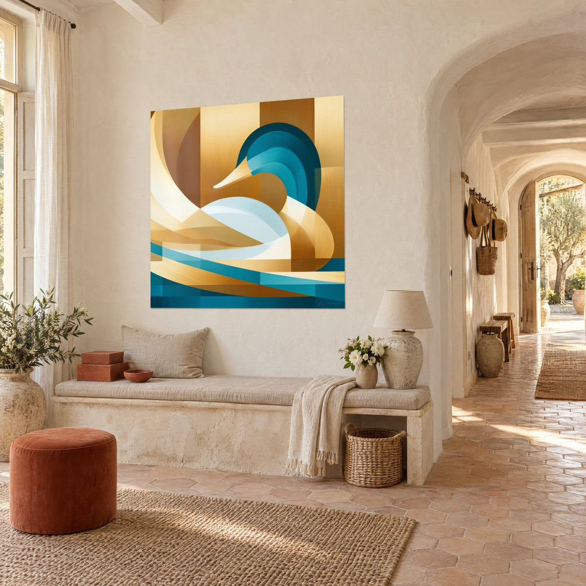Tableau oiseau aquatique en aplats géométriques bleu pétrole et miel, vu de trois-quarts, banquette en pierre d'un mas
