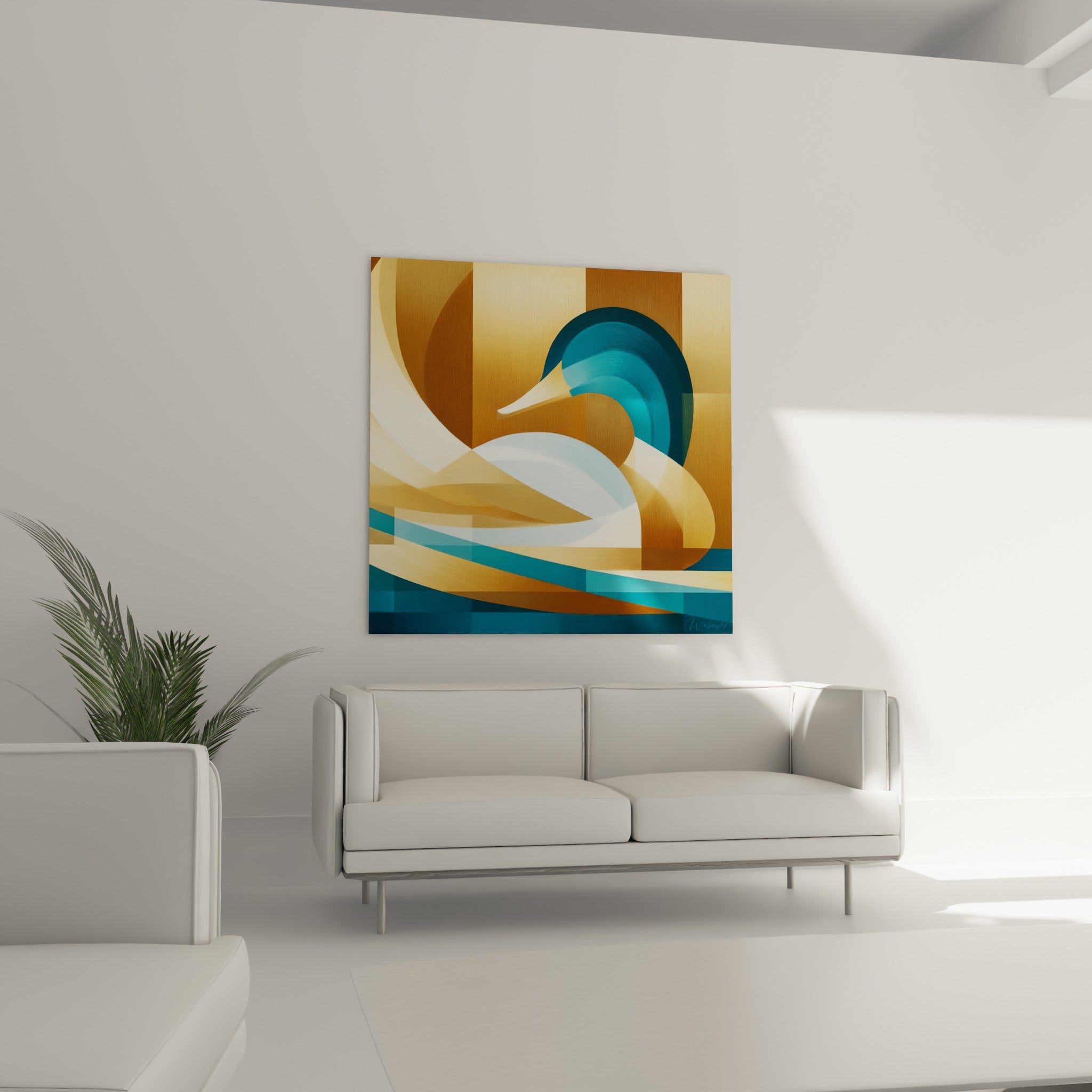 Canard stylisé en doré et bleu sarcelle, formes courbes épurées, au-dessus d'un canapé dans un salon lumineux