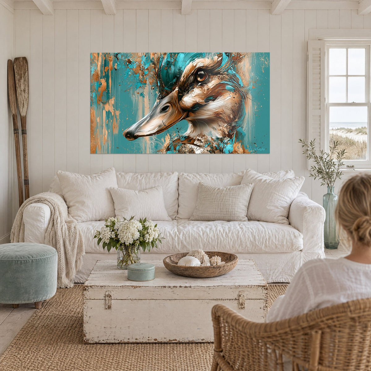 Quadro anatra dal becco affusolato turchese e bronzo, occhio ambrato, colature ramate, sopra un divano in un soggiorno luminoso