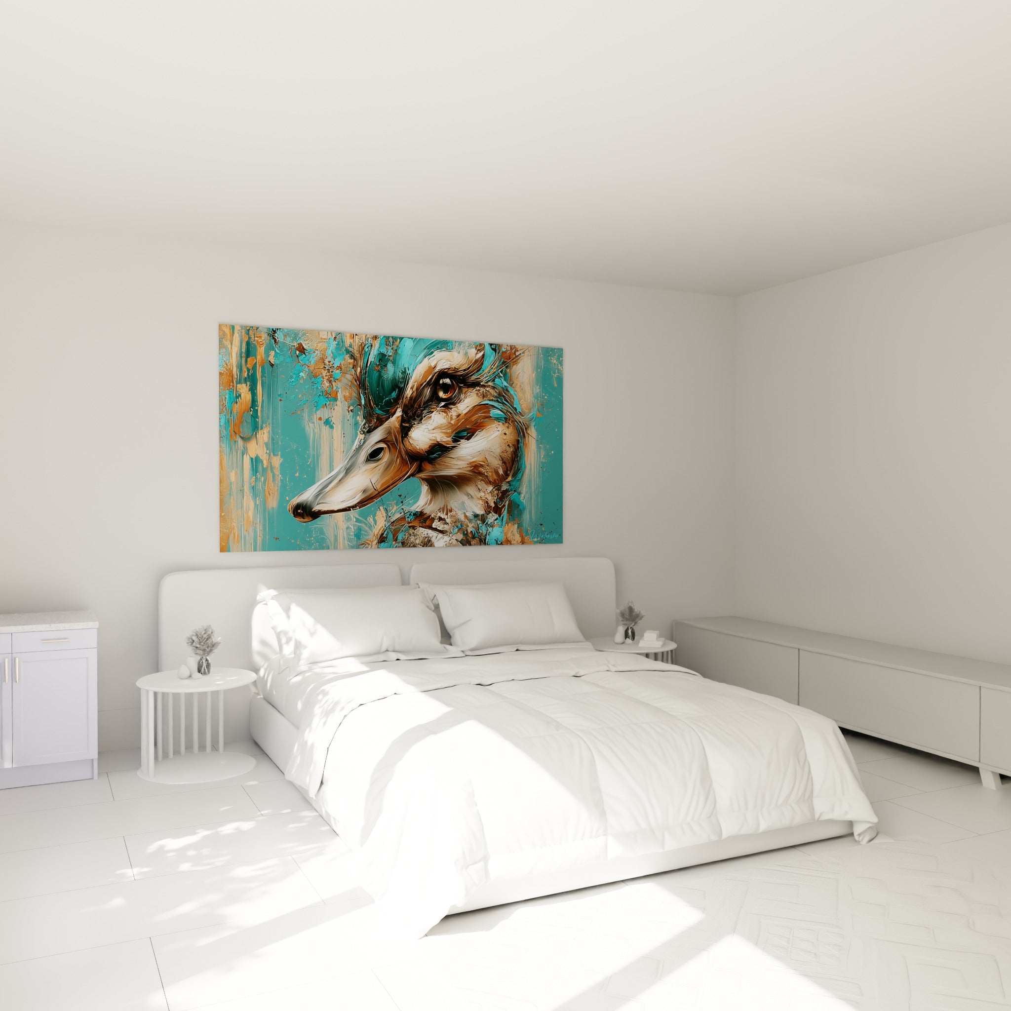 Canard bronze et turquoise à l'œil doré intense, accroché au-dessus d'un lit dans une chambre claire