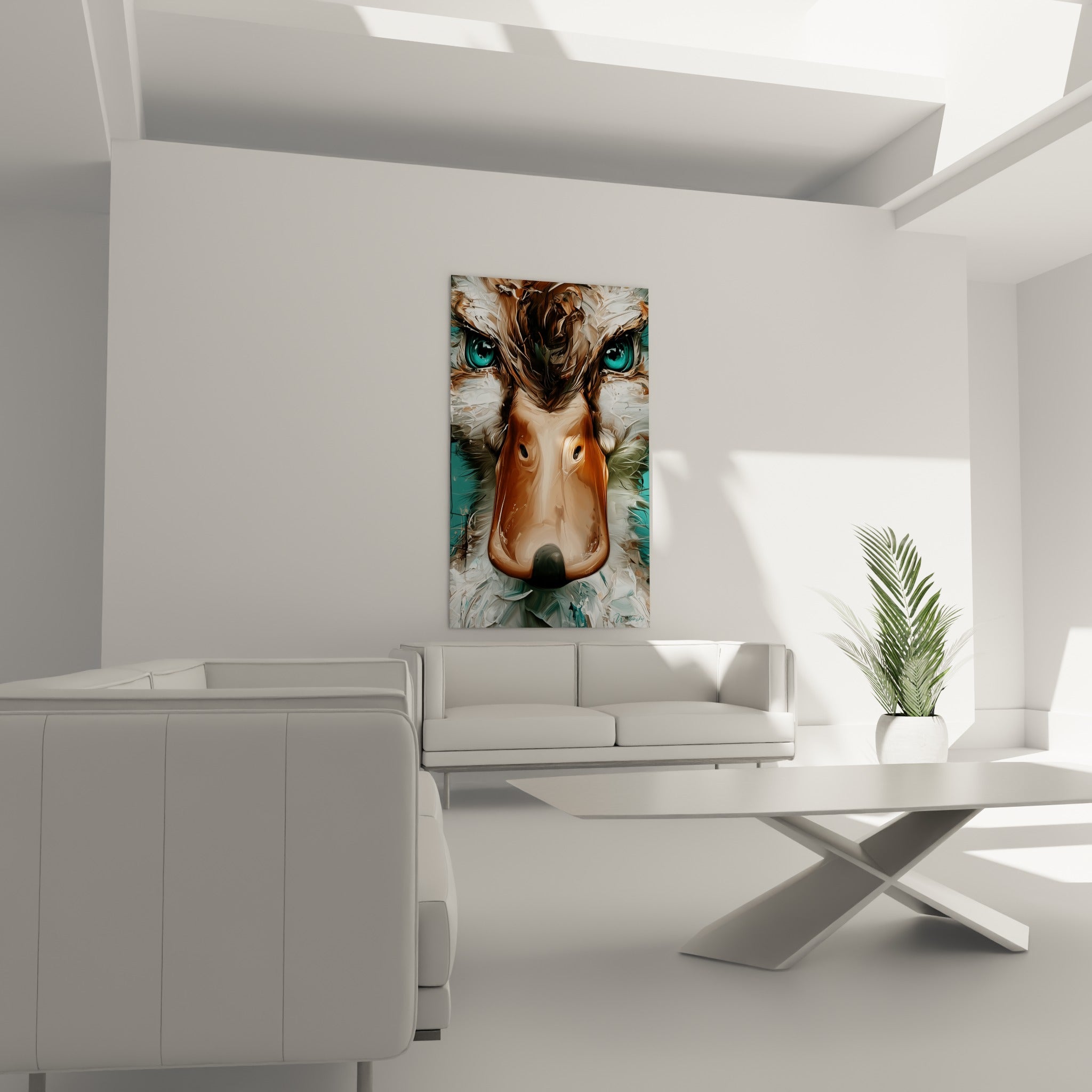 Museau cuivré d'un canard aux yeux bleu-vert intense au-dessus d'un canapé dans un salon lumineux