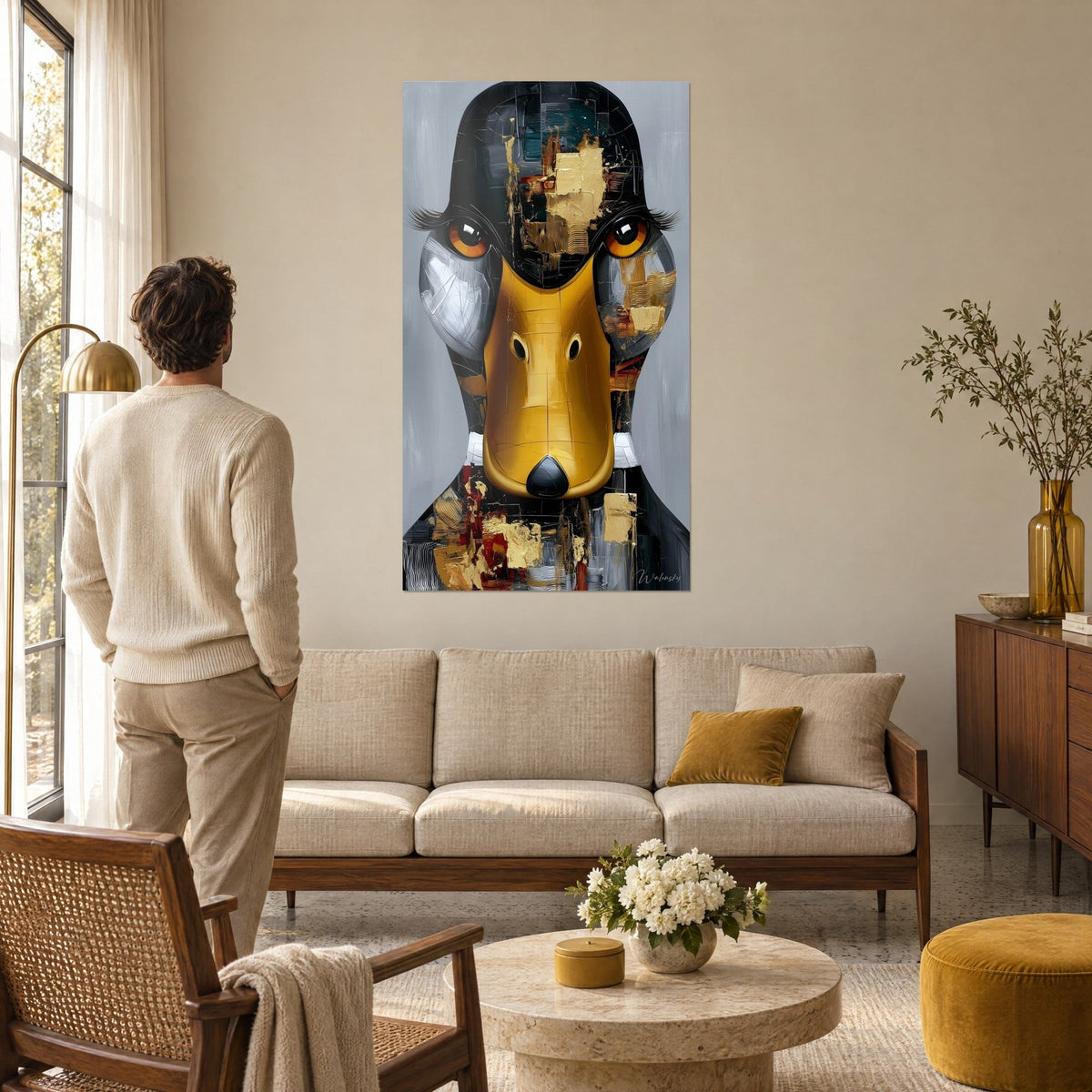 Tableau canard colvert stylisé au bec jaune moutarde et fonds noirs, homme de dos, au-dessus d'un canapé dans un salon lumineux