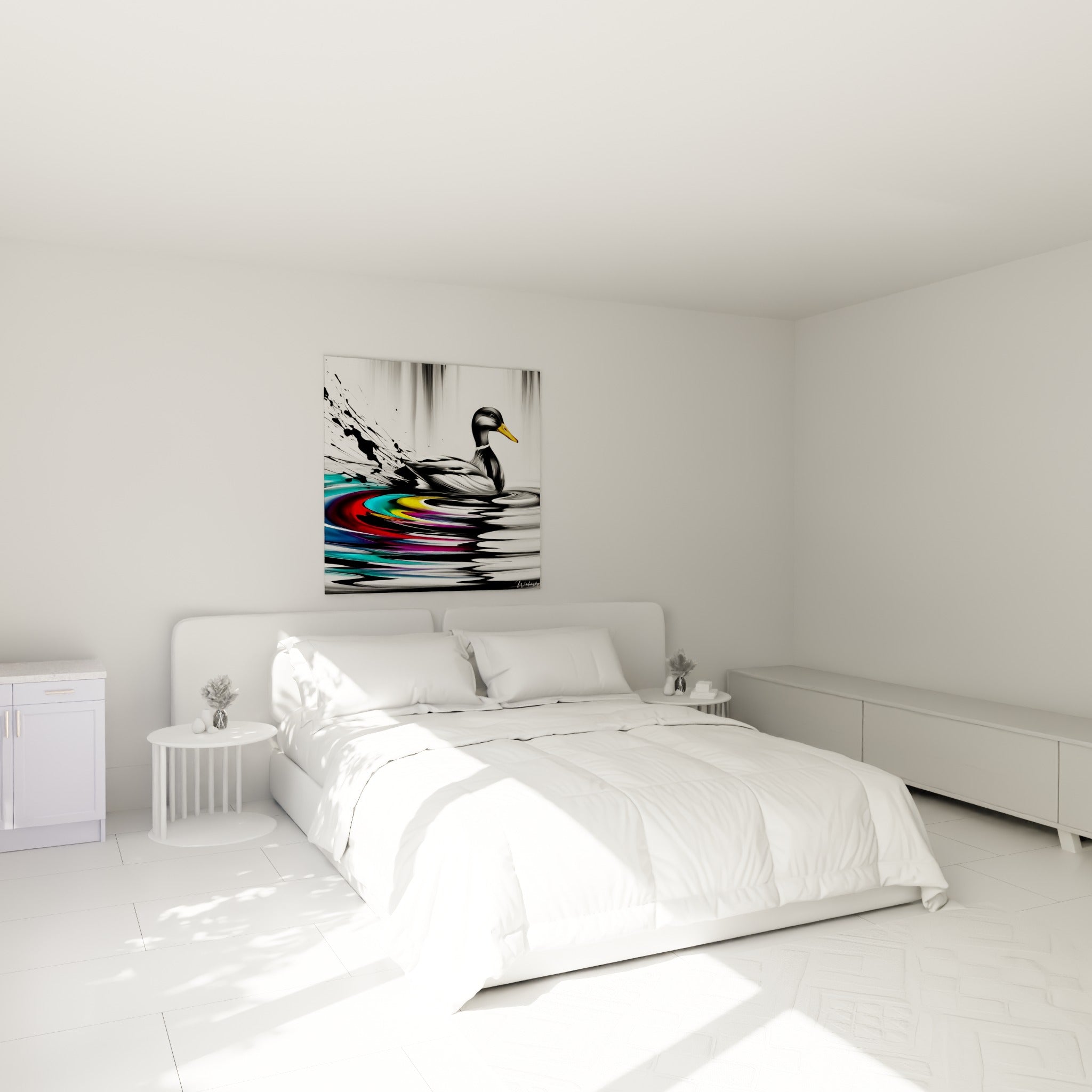 Volatile au bec doré et sillage multicolore accroché au-dessus d'un lit dans une chambre claire