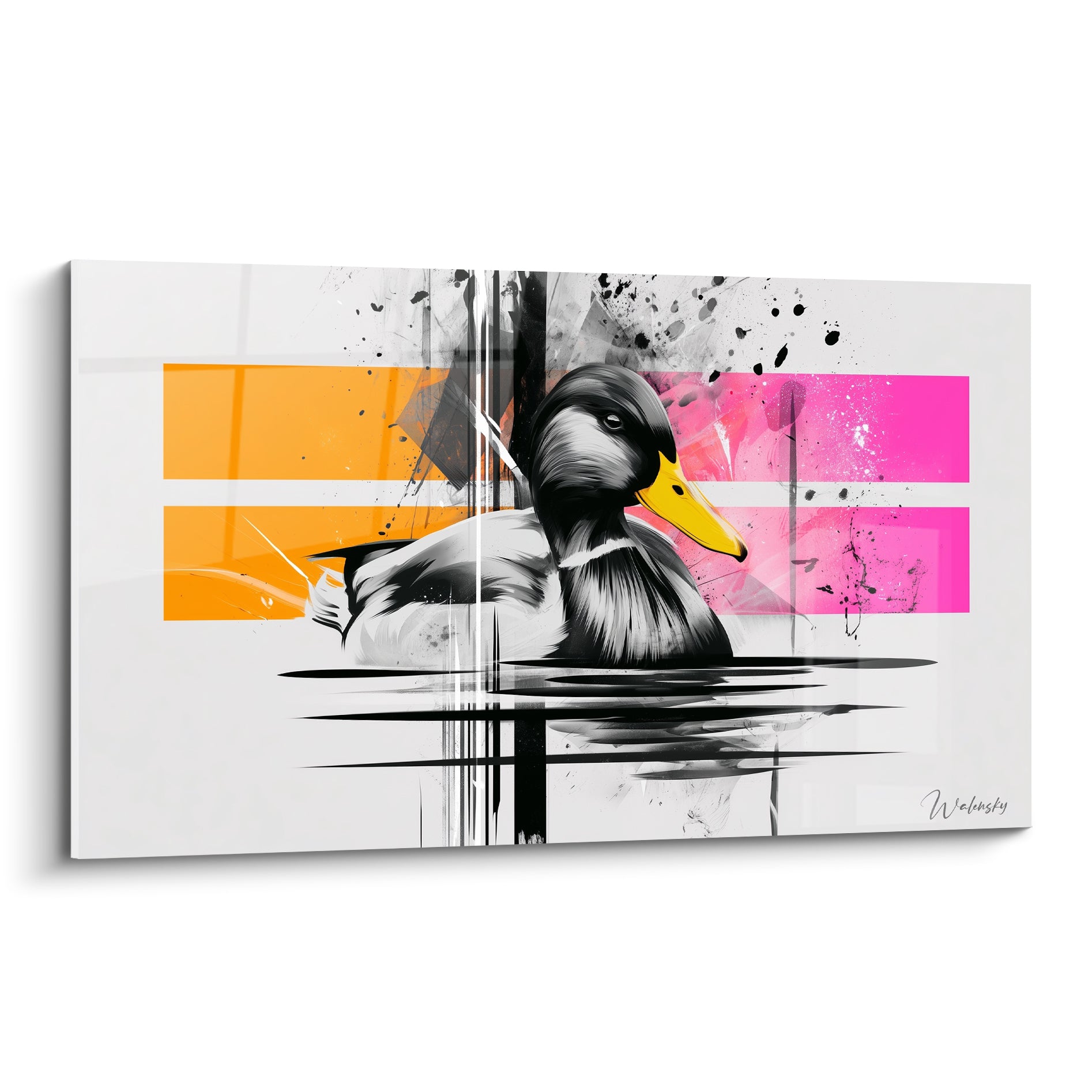 Canard noir et blanc au bec doré, éclaboussures orange et rose fuchsia sur fond graphique
