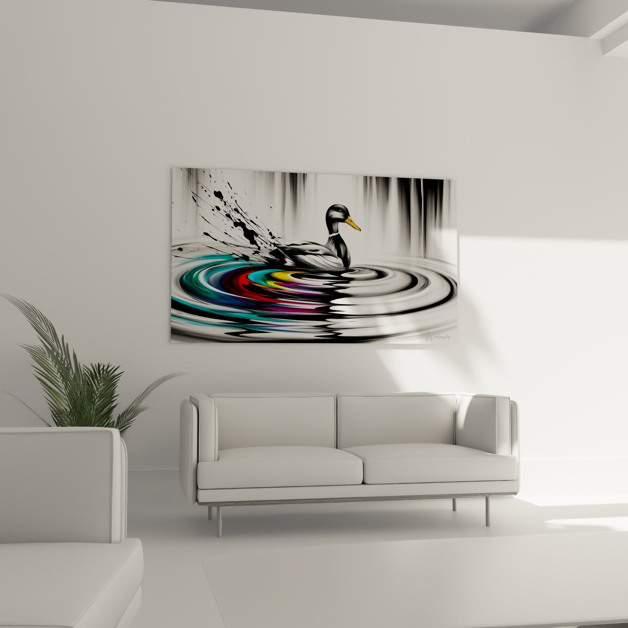 Oiseau aquatique au plumage sombre et sillage coloré turquoise et violet, au-dessus d'un canapé dans un salon lumineux