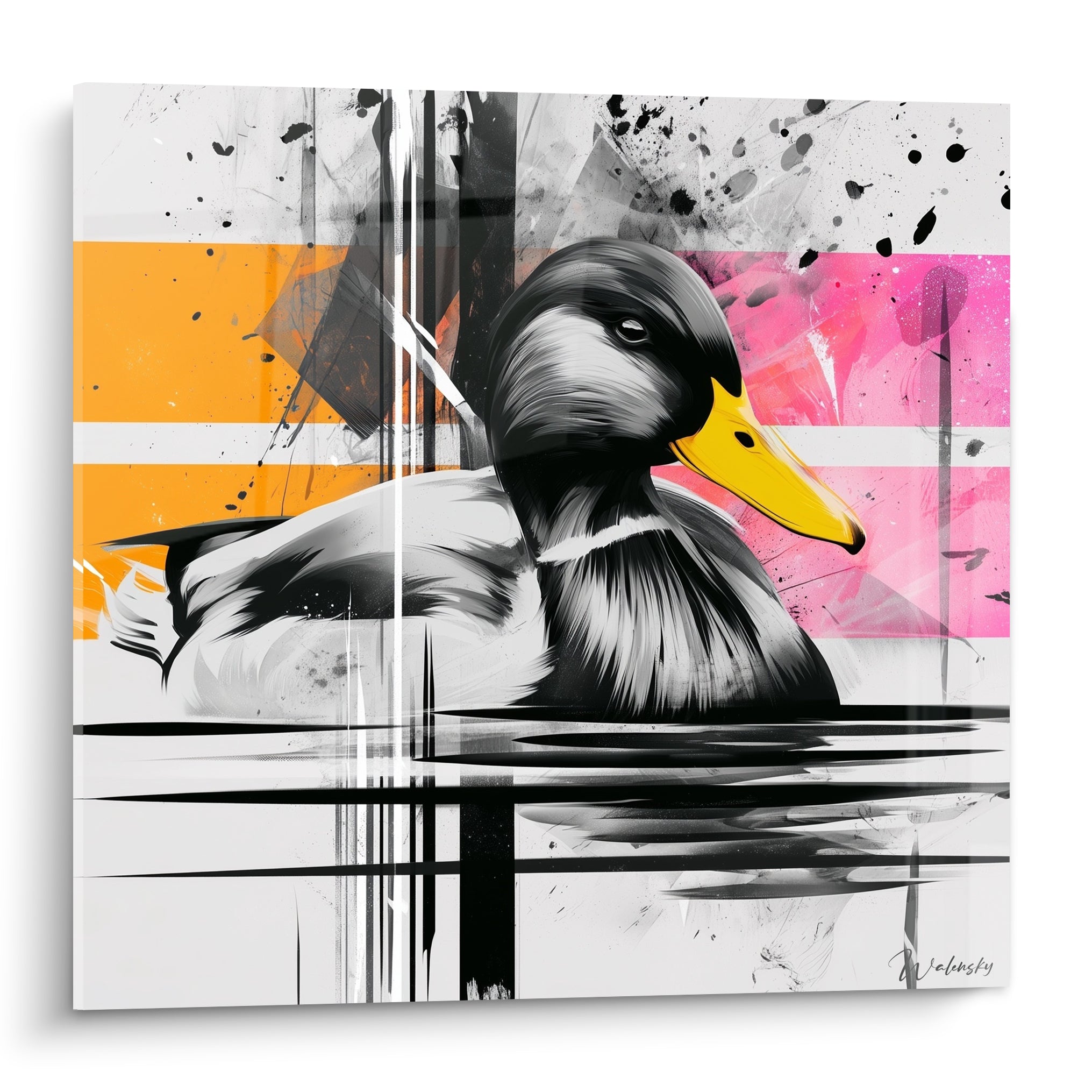 Canard au bec doré et plumage noir et blanc, fond éclaté orange et rose fuchsia