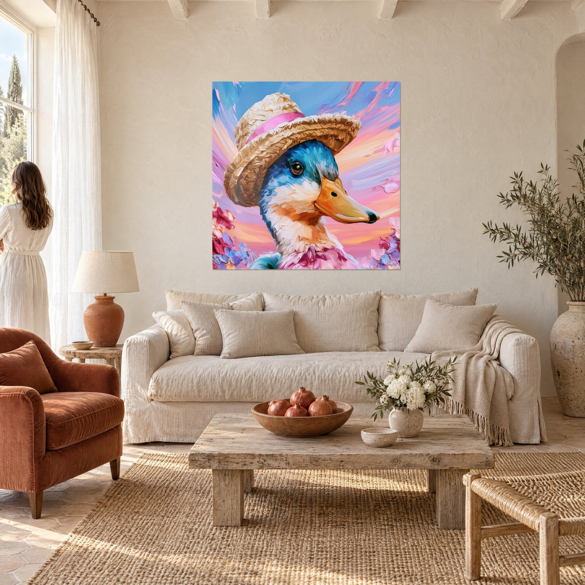 Tableau colvert au chapeau de paille cerclé de rose, plumage bleu turquoise et ciel pastel, au-dessus d'un canapé dans un salon lumineux