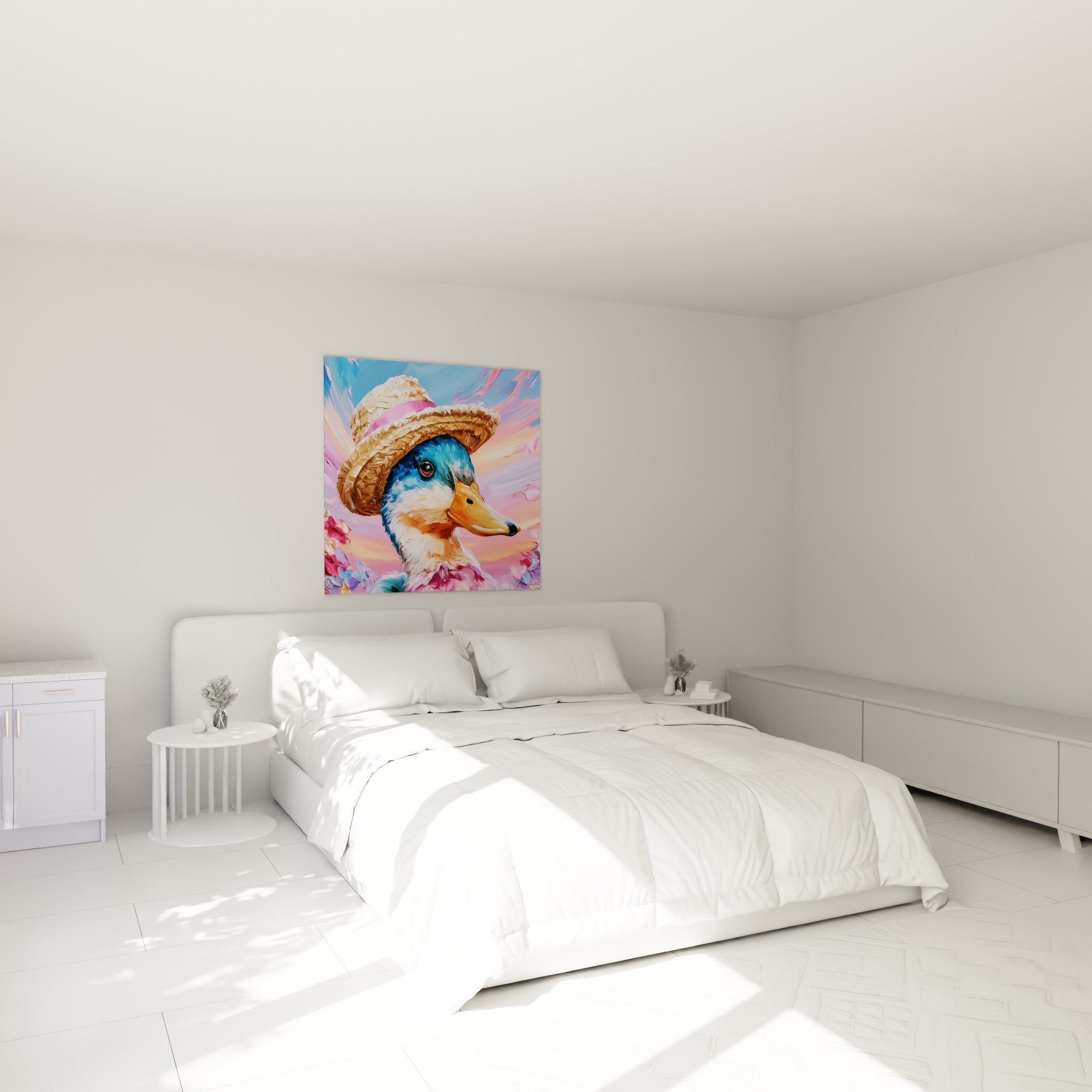 Canard au bec doré et plumage bleu-blanc, au-dessus d'un lit dans une chambre claire