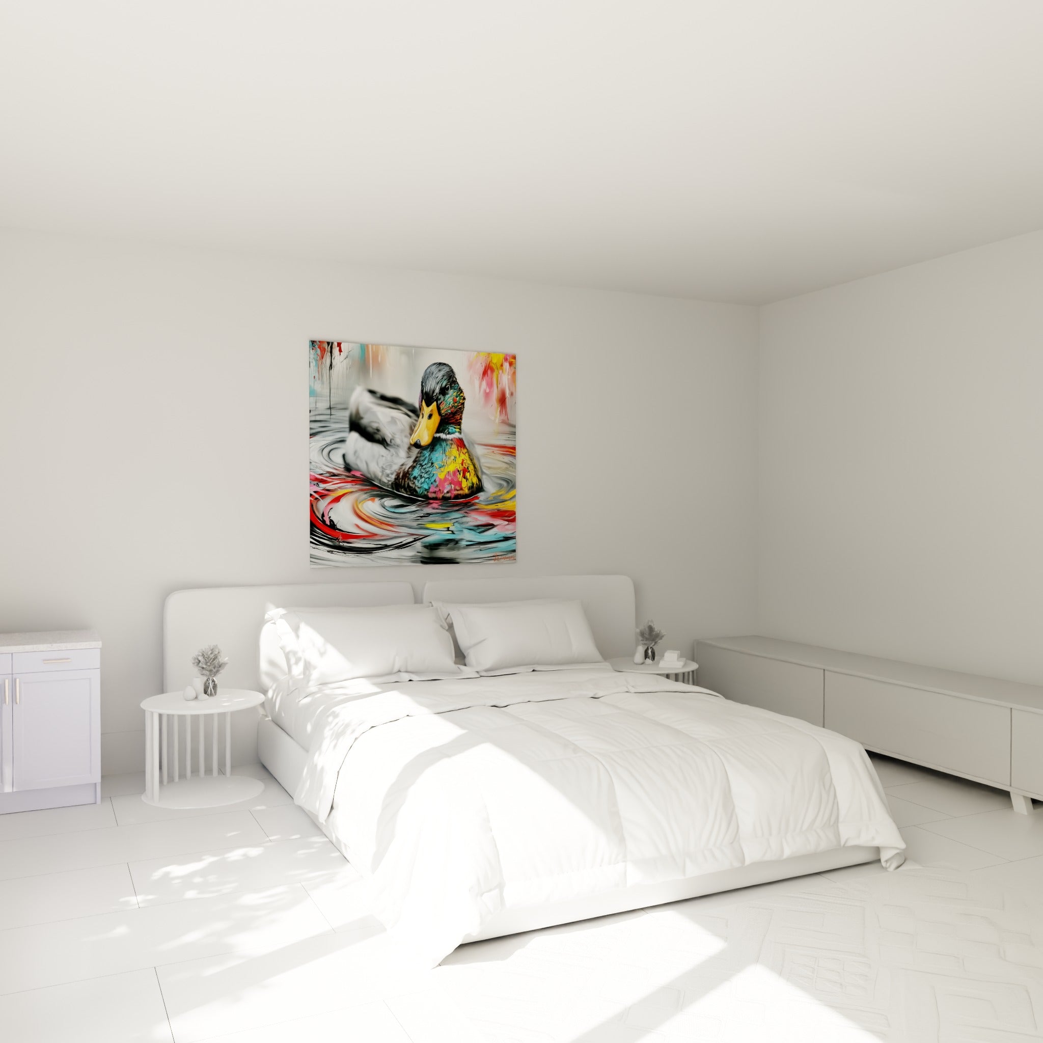Canard multicolore aux tons jaune et fuchsia, bec doré, accroché au-dessus d'un lit dans une chambre claire