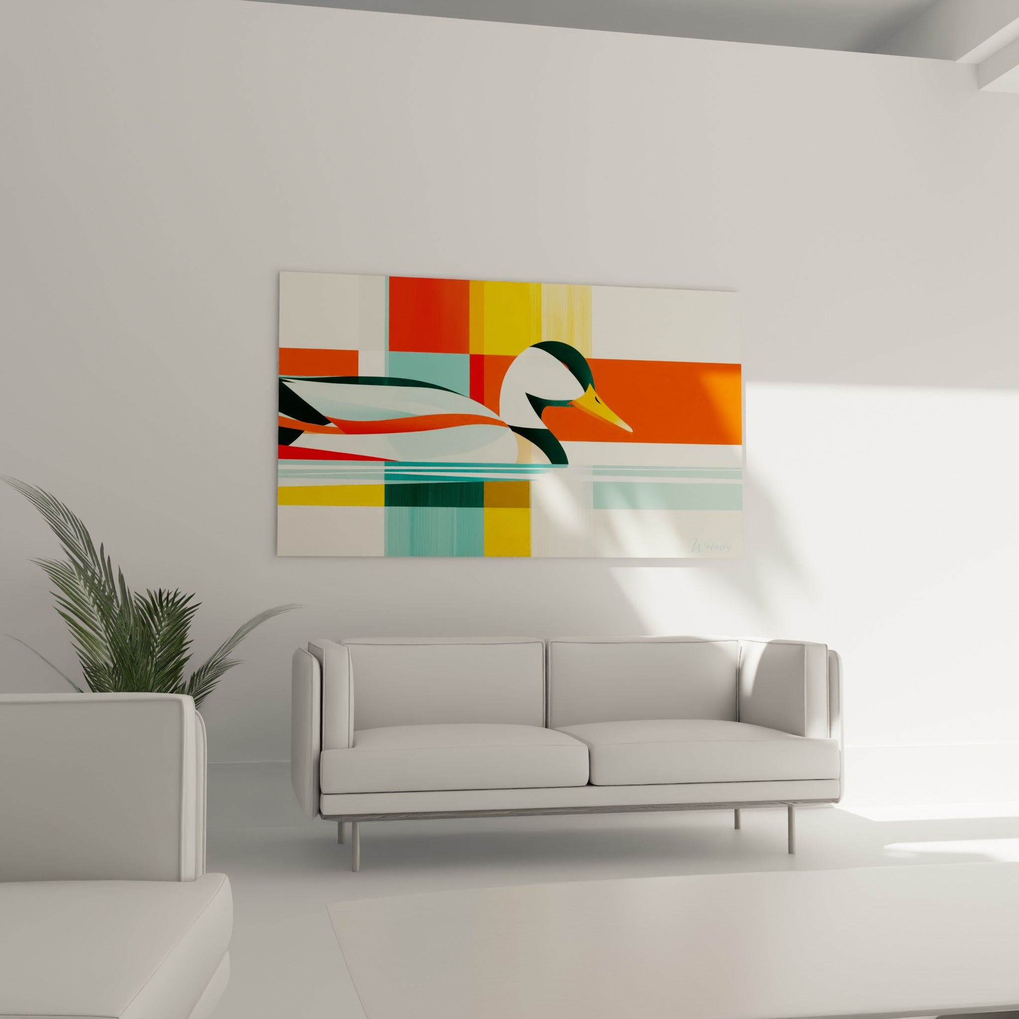 Oiseau aquatique aux teintes orange et turquoise pastel au-dessus d'un canapé dans un salon lumineux