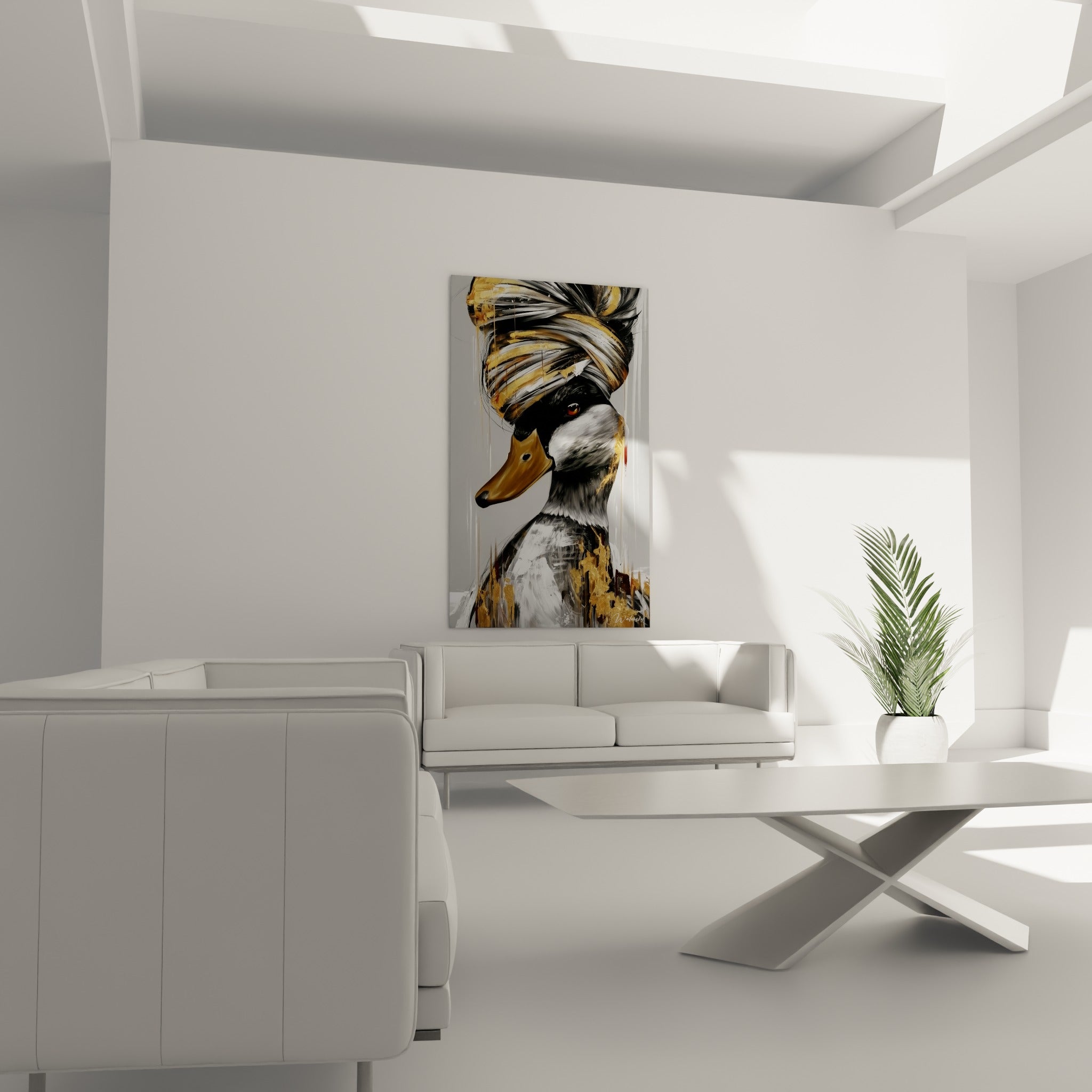 Canard au plumage noir et blanc rehaussé d'or, au-dessus d'un canapé dans un salon lumineux
