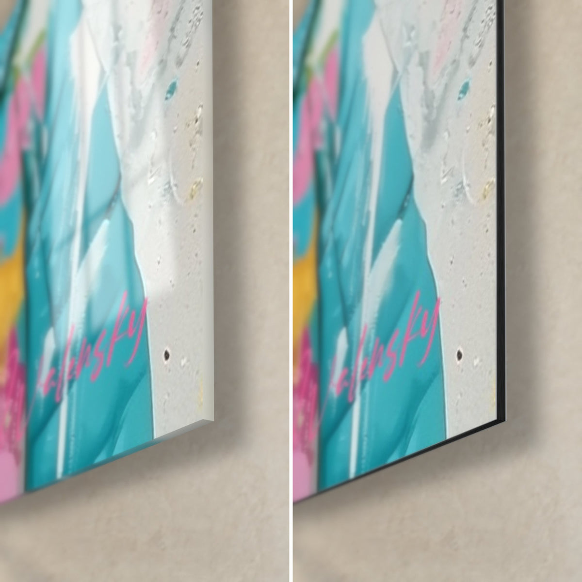 Cuadro de un pato hipster en pintura rosa y turquesa, esquina inferior derecha: cristal brillante a la izquierda, Dibond mate a la derecha, canto de 3 mm