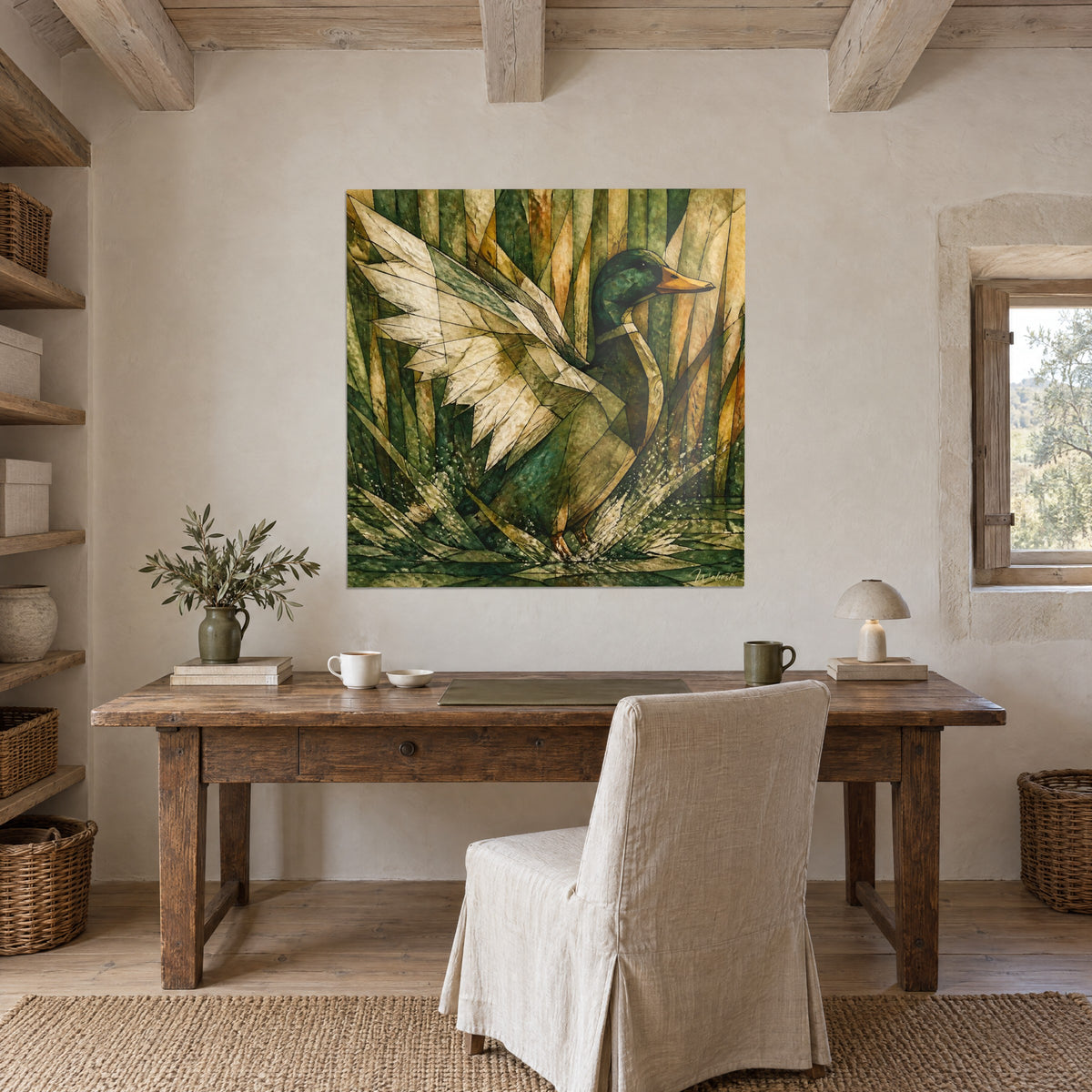 Wall art bottle-green duck with a yellow-orange bill, wings spread in beige shards, stylized reeds, raw wood desk