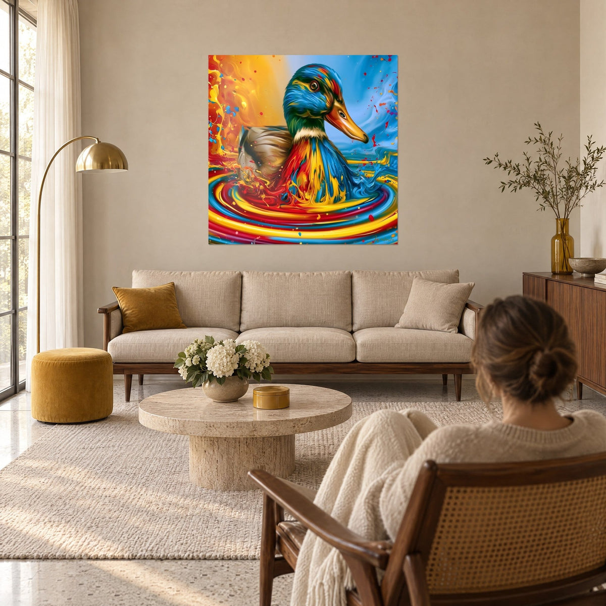 Cuadro de un ánade real con plumas azules y rojas fundidas en pintura líquida, naranja amarillento, encima de un sofá en un salón luminoso