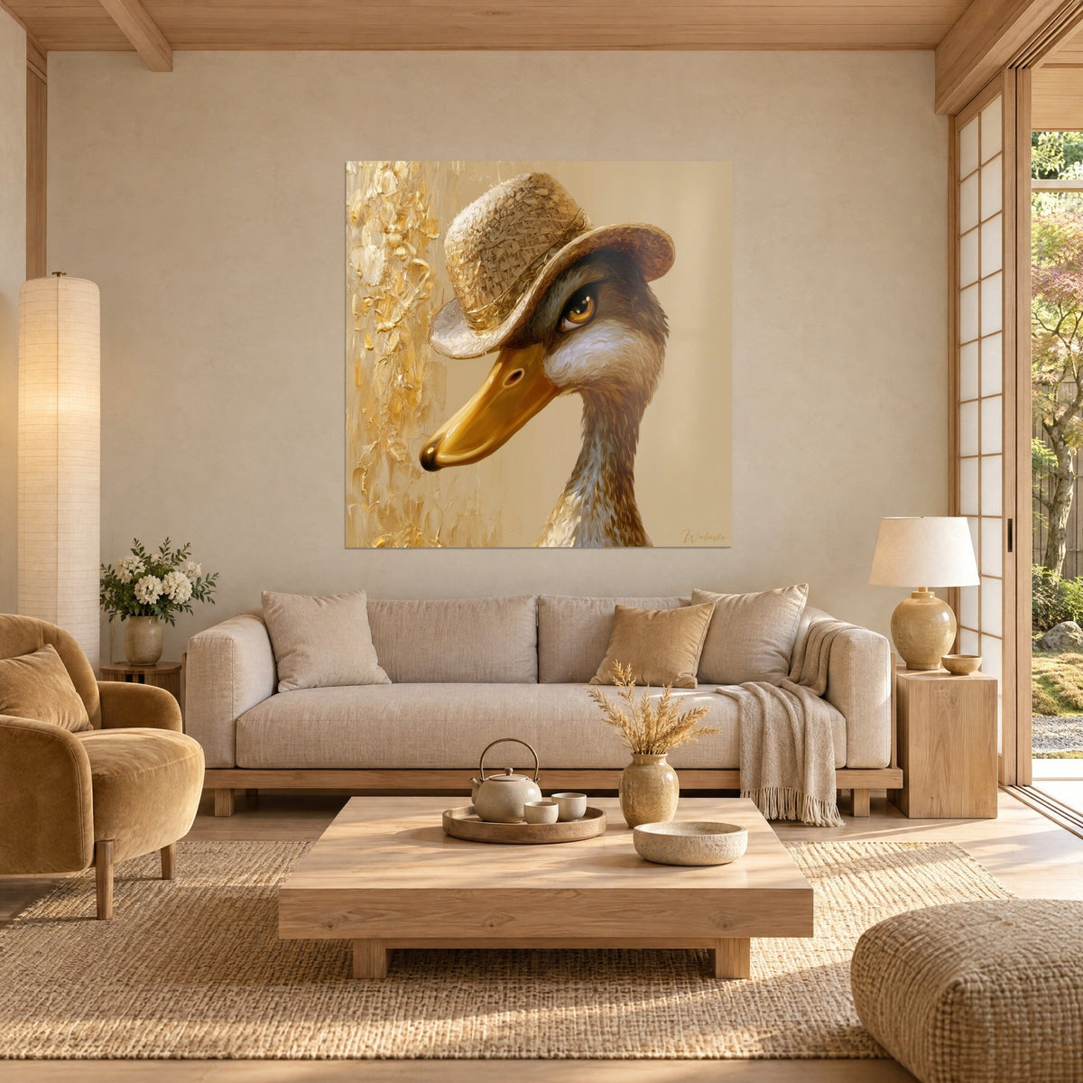 Gemälde Ente mit goldenem Strohhut, ockerfarbener Schnabel und braunes Gefieder auf beigem Hintergrund, über einem Sofa in einem hellen Wohnzimmer