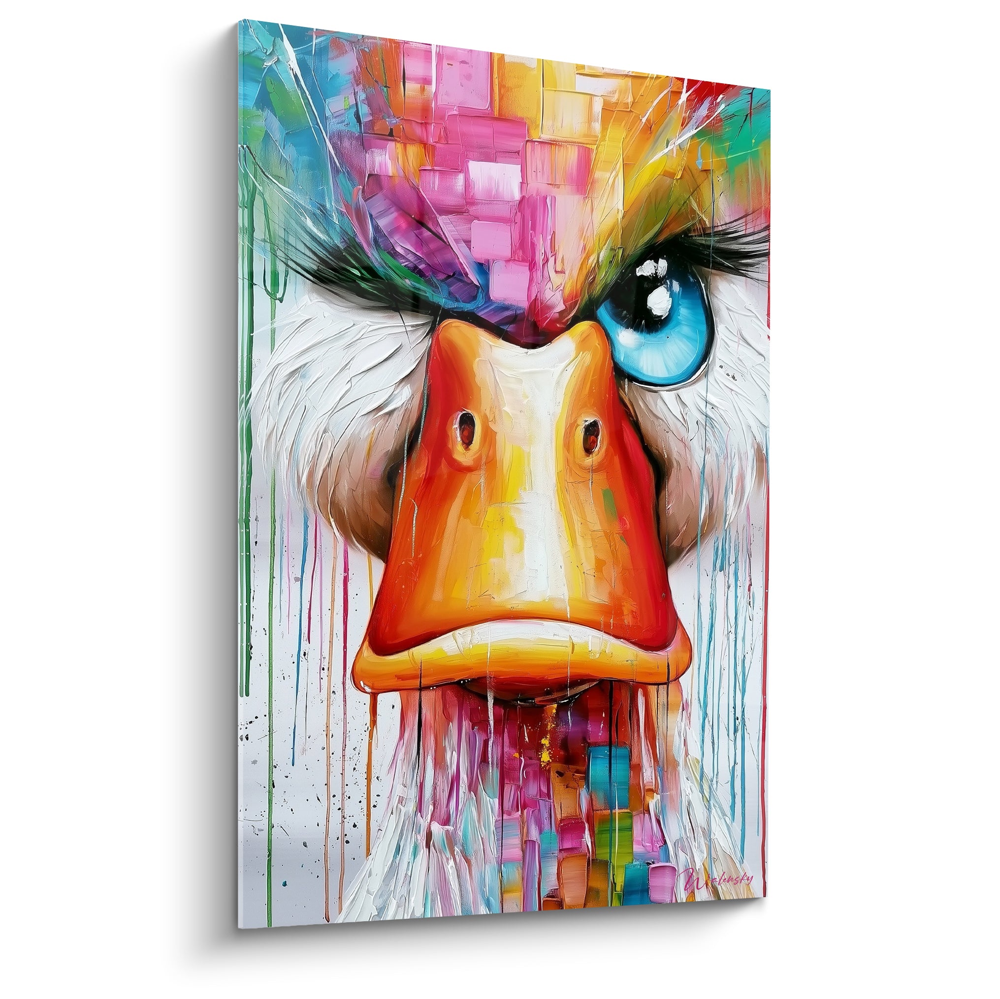 Canard au bec orange vif et œil bleu perçant, coulures multicolores sur fond blanc