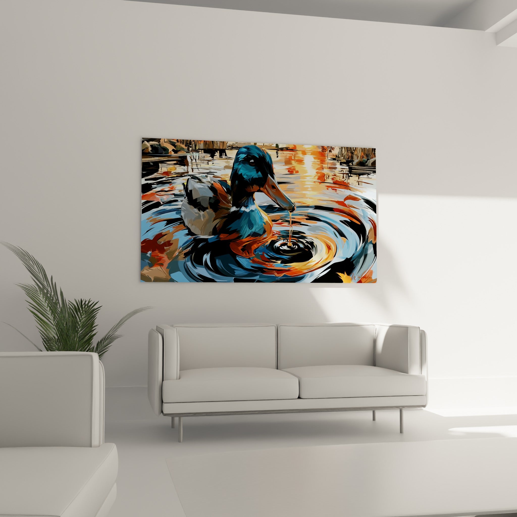 Bec orangé du canard laissant tomber une goutte d'eau, tableau au-dessus d'un canapé dans un salon lumineux