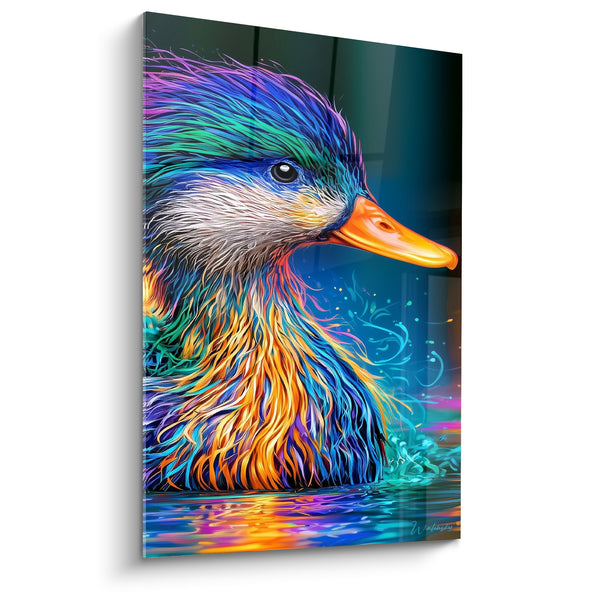 Duck Painting with Orange Beak, Blue and Golden Disheveled Plumage - Turquoise Swirls on Water - Duck Edition
