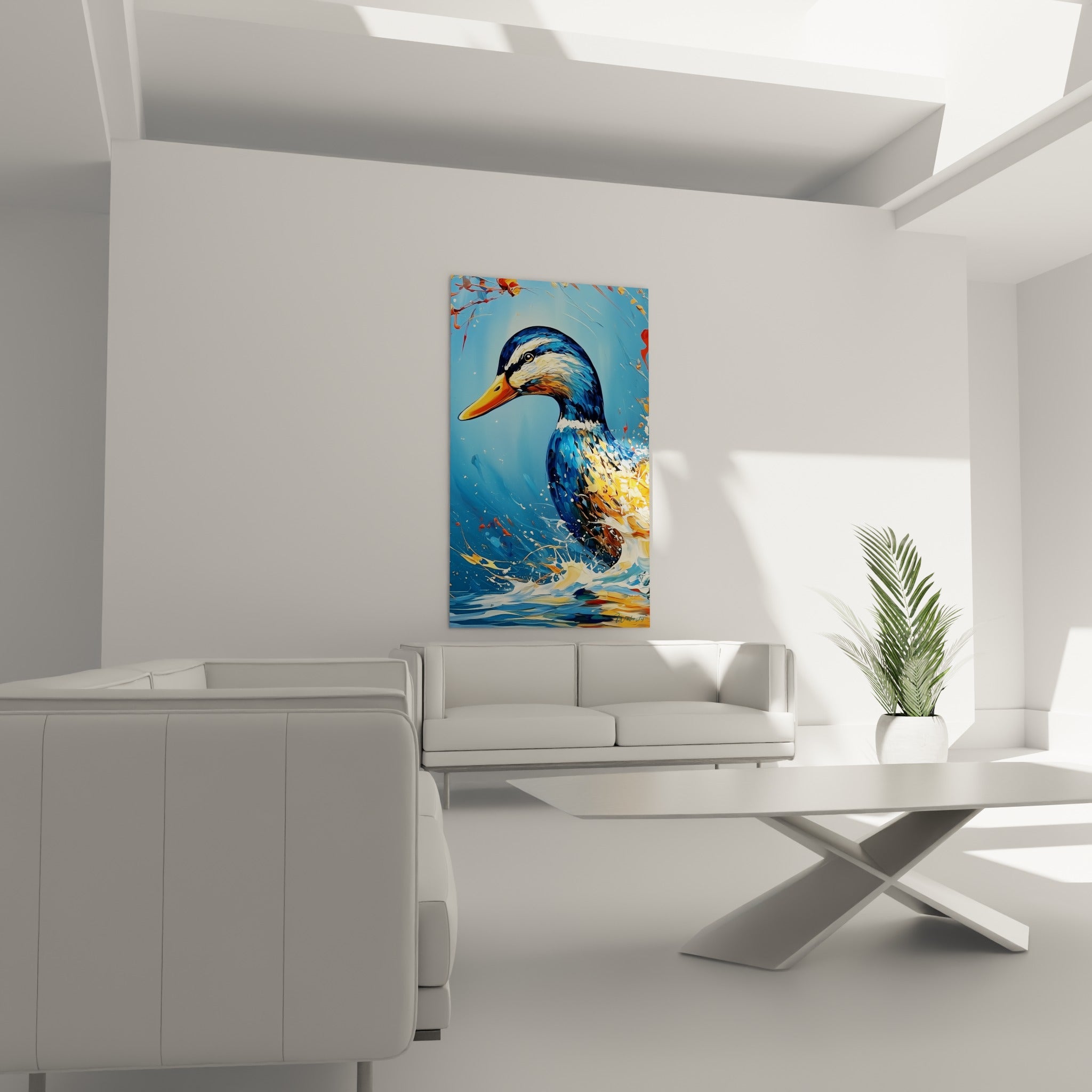 Plumage bleu profond et doré du canard, bec orangé vif, au-dessus d'un canapé dans un salon lumineux.